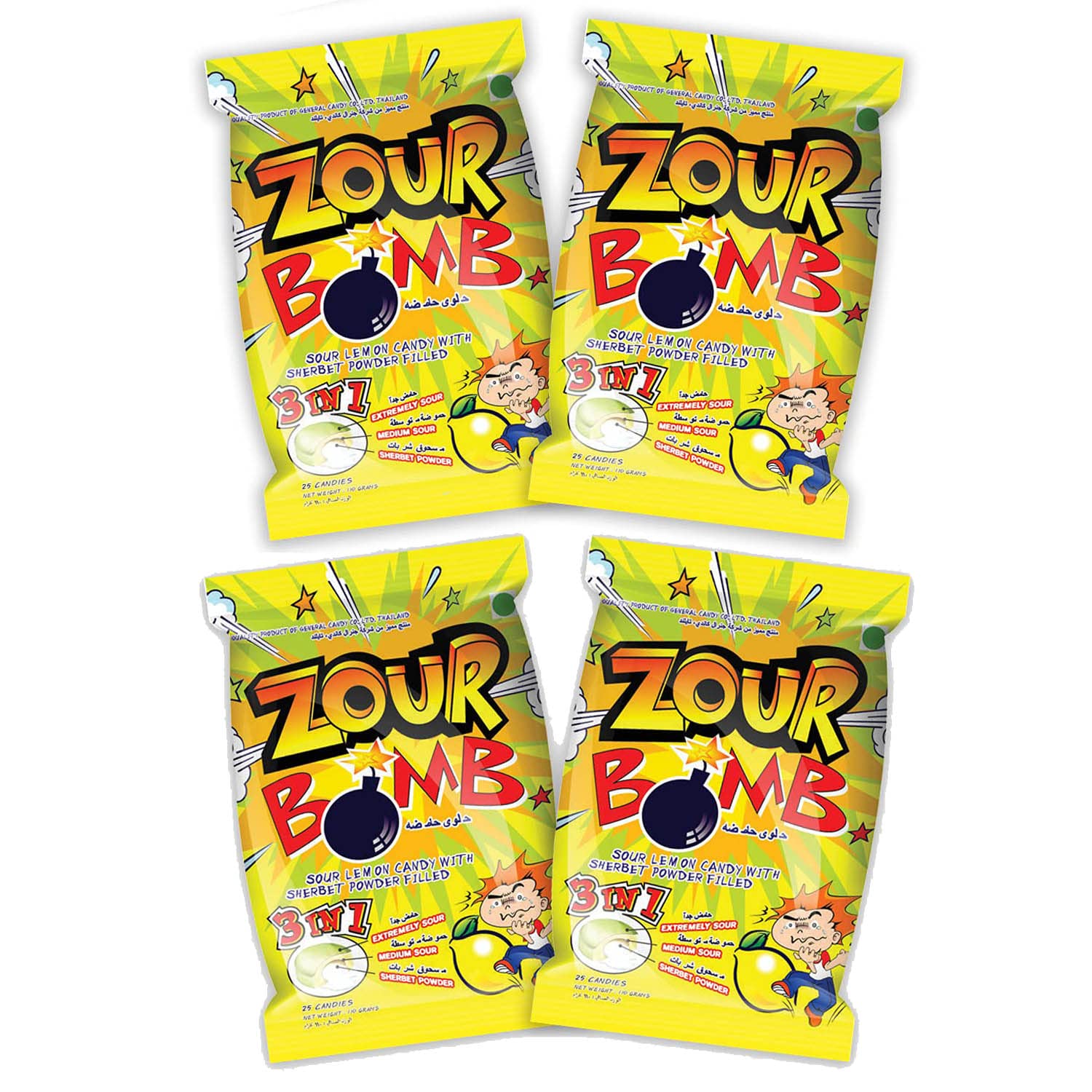 Zour Bomb Lemon Candy - Pack Of 4 (110 G Each), Sour Candy In Lemon Flavor Combo Pack, Product Of Thailand | Share With Friends & Family - 440 Gm