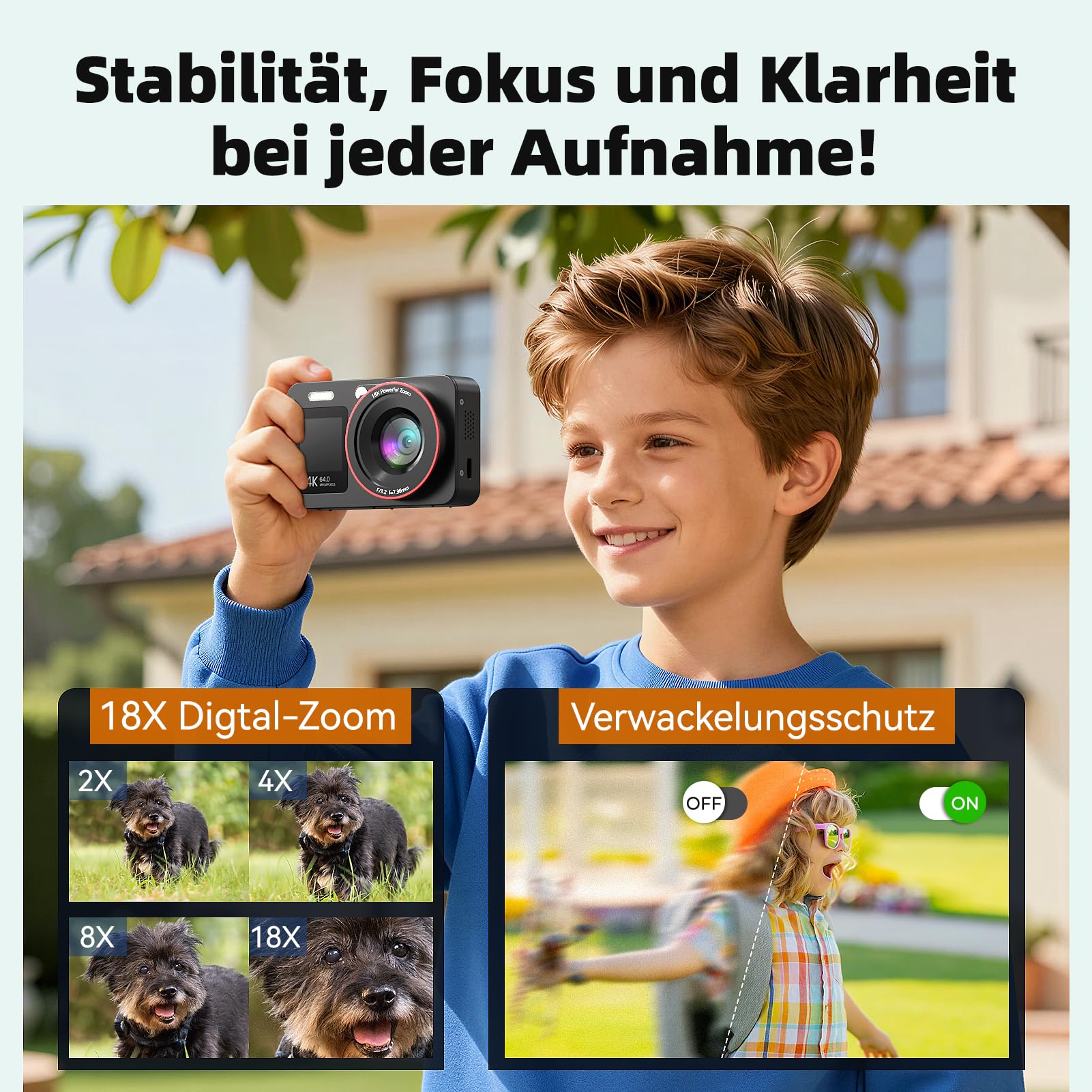 Digitalkamera 4K 64MP Vlogging Fotokamera Kompaktkamera 18X Digitalzoom Kamera für Kinder mit 2 Bildschirme, 2 Batterien, 64GB SD Karte für Kinder Teenager Anfänger, Schwarz