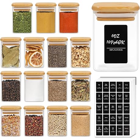ComSaf Glass Spice Jars with Bamboo Lid, 6oz Reusable Storage Containers with Clear Labels