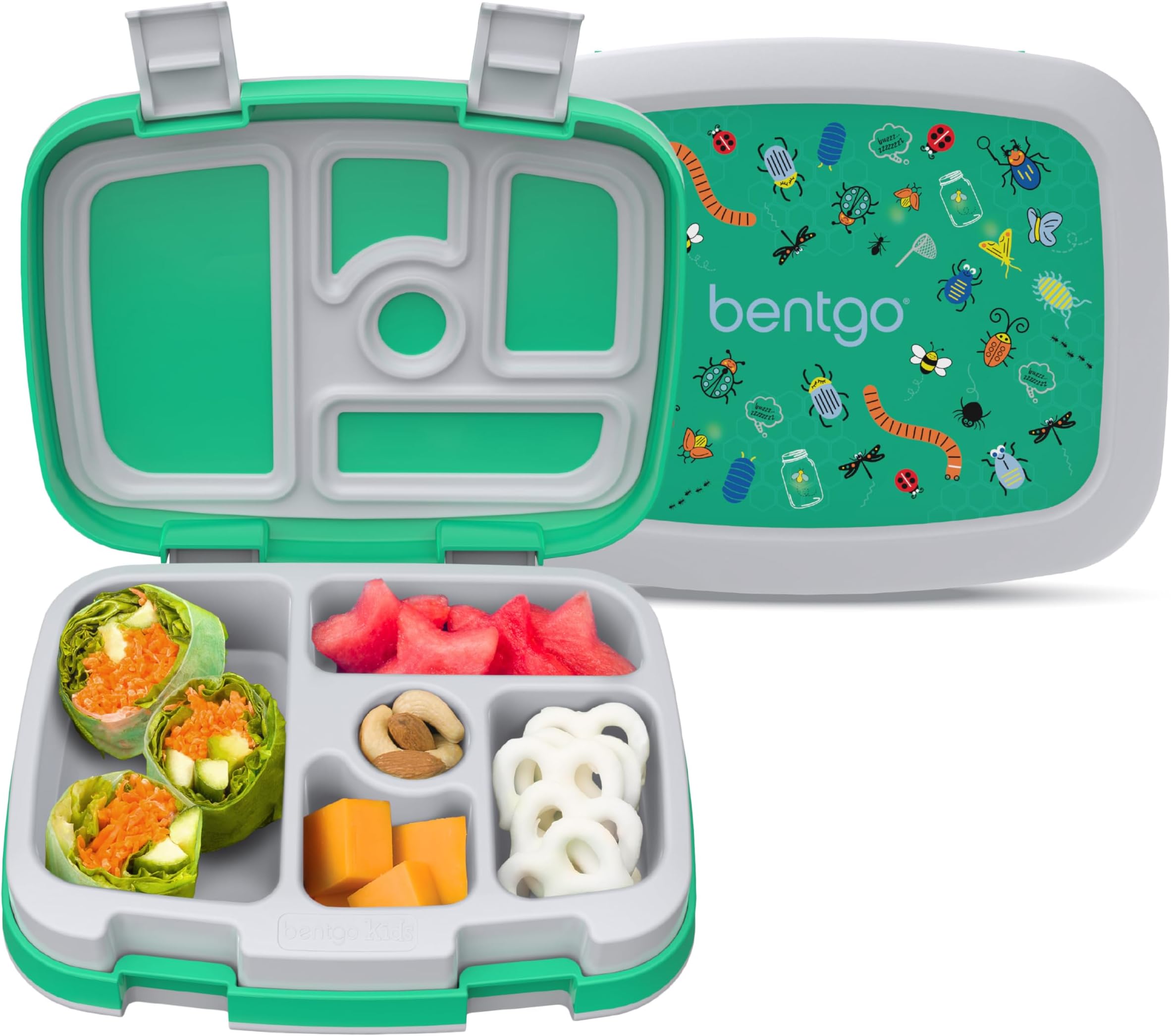 Kids Prints Leak-Proof, 5-Compartment Bento-Style Kids Lunch Box - Ideal Portion Sizes for Ages 3-7, Durable, Drop-Proof, Dishwasher Safe, & PFAS & BPA-Free Materials (Bug Buddies)