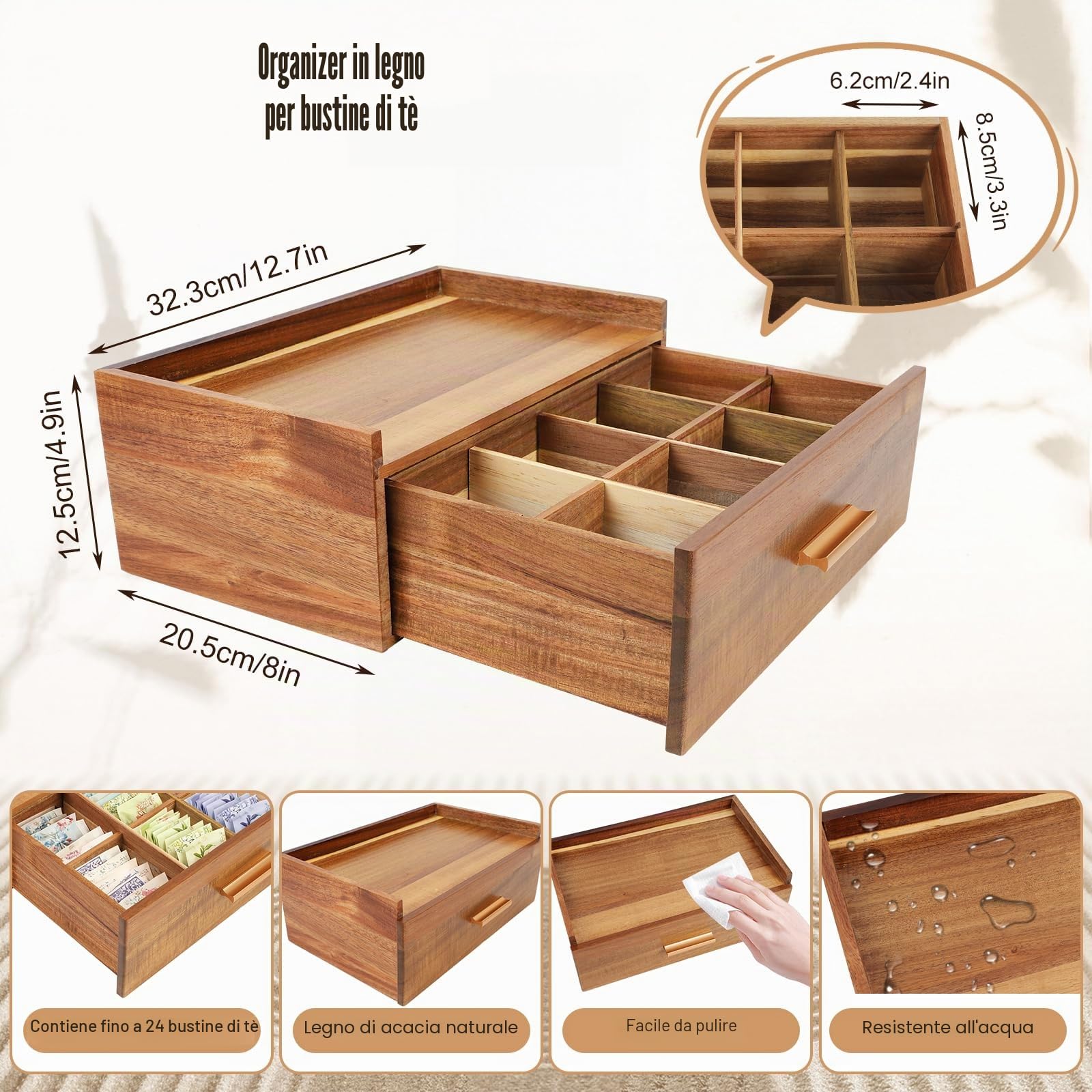 Scatola da tè in legno con 8 scomparti, 32,3 x 20,5 x 12,5 cm, tipo di cassetto con manico, per conservare bustine di tè ed erbe aromatiche