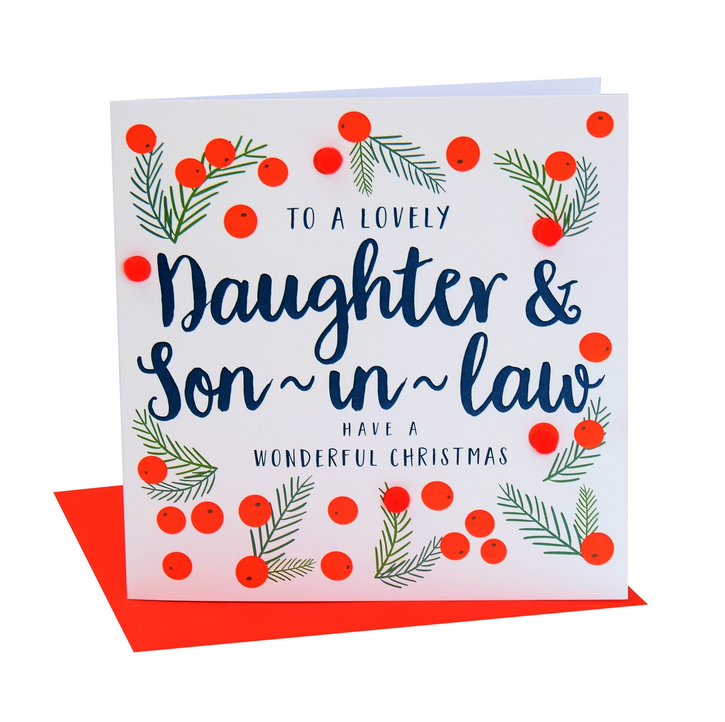 Claire Giles Greeting Cards, Happy Christmas Daughter and Son-in-Law Card, Berries Design Xmas Greeting Card, Embellished with Colourful Pompoms