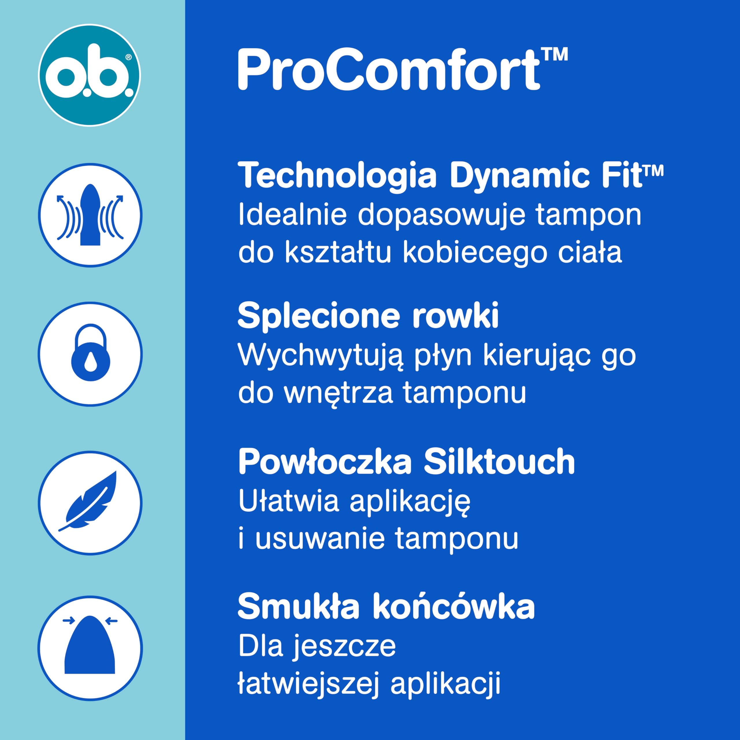 o.b. ProComfort Normal Tampony Zestaw 6x16 szt. NOWOŚĆ, Łatwa aplikacja i usuwanie tamponu, Na średnie lub mocne krwawienie, Wnętrze tamponu wykonane w 100% z materiałów pochodzenia roślinnego