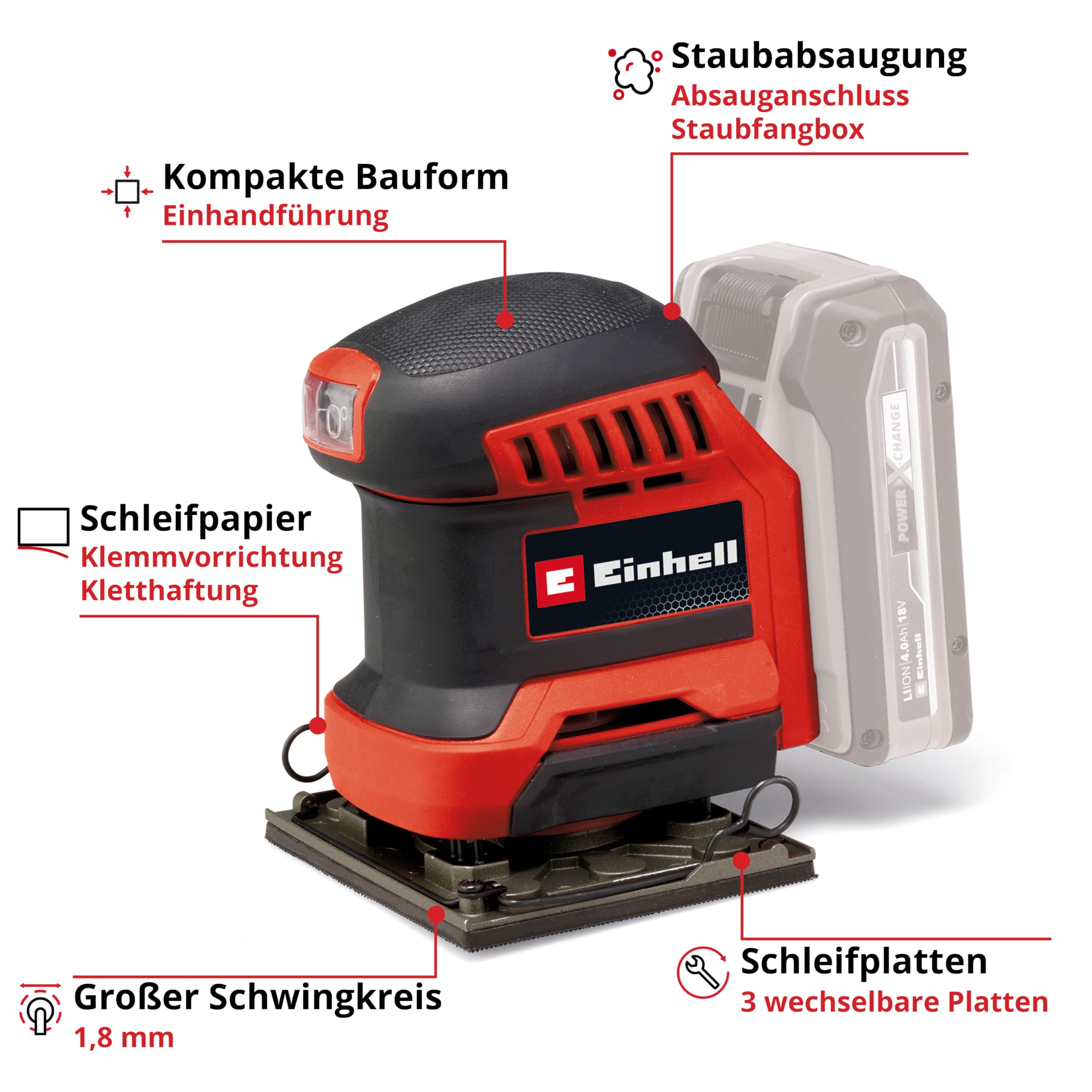 Einhell Akku-Faustschleifer TE-OS 18/113 3X Li-Solo Power X-Change (18 V, Schwingschleifer, 3x wechselbare Schleifplatten, 1,8 mm Schwingkreis, inkl. Zubehör ohne Akku)