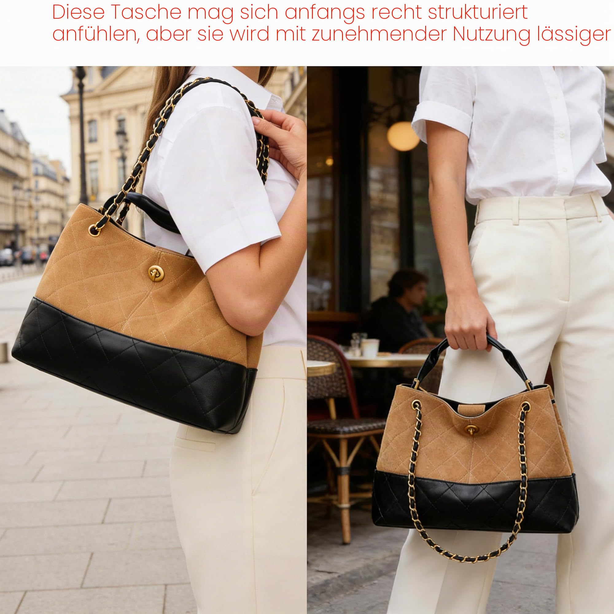 DORIS&JACKY Gesteppte Wildleder-Tragetasche für Damen, Designer-Lammfell-Umhängetasche und Handtaschen mit Kettenriemen