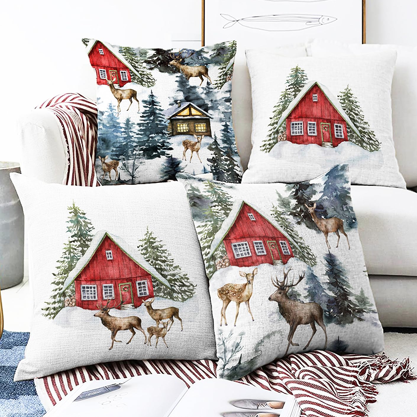 OyzShop Set of 4 Christmas Cushion Covers with Red Chalets, Reindeers and Snow Covered Pine Trees Themed, Double Sided with Multi-Sizes, 45x45cm (18x18 Inch), All Set (4 Pieces)