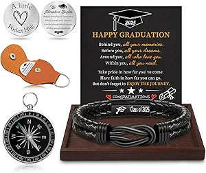 Graduation Gifts for Him, 2025 High School Graduation Gifts Class of 2025 Teen Gift Trendy Stuff Leather Bracelet for Men with Pocket Hug Token Compass College Middle 5th 8th Grade Masters Degree Graduate Knot Jewelry for Son Grandson Boyfriend