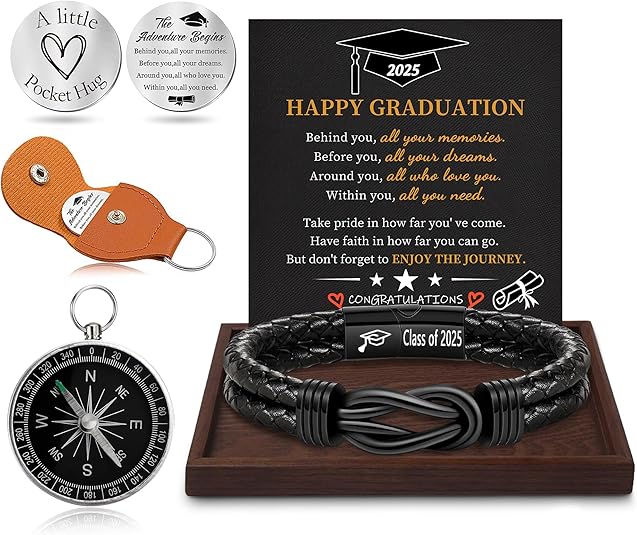 Graduation Gifts for Him, 2025 High School Graduation Gifts Class of 2025 Teen Gift Trendy Stuff Leather Bracelet for Men with Pocket Hug Token Compass College Middle 5th 8th Grade Masters Degree Graduate Knot Jewelry for Son Grandson Boyfriend