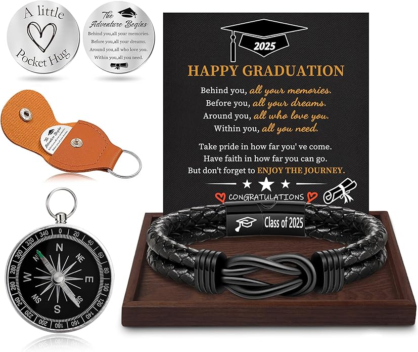 Graduation Gifts for Him, 2025 High School Graduation Gifts Class of 2025 Teen Gift Trendy Stuff Leather Bracelet for Men with Pocket Hug Token Compass College Middle 5th 8th Grade Masters Degree Graduate Knot Jewelry for Son Grandson Boyfriend