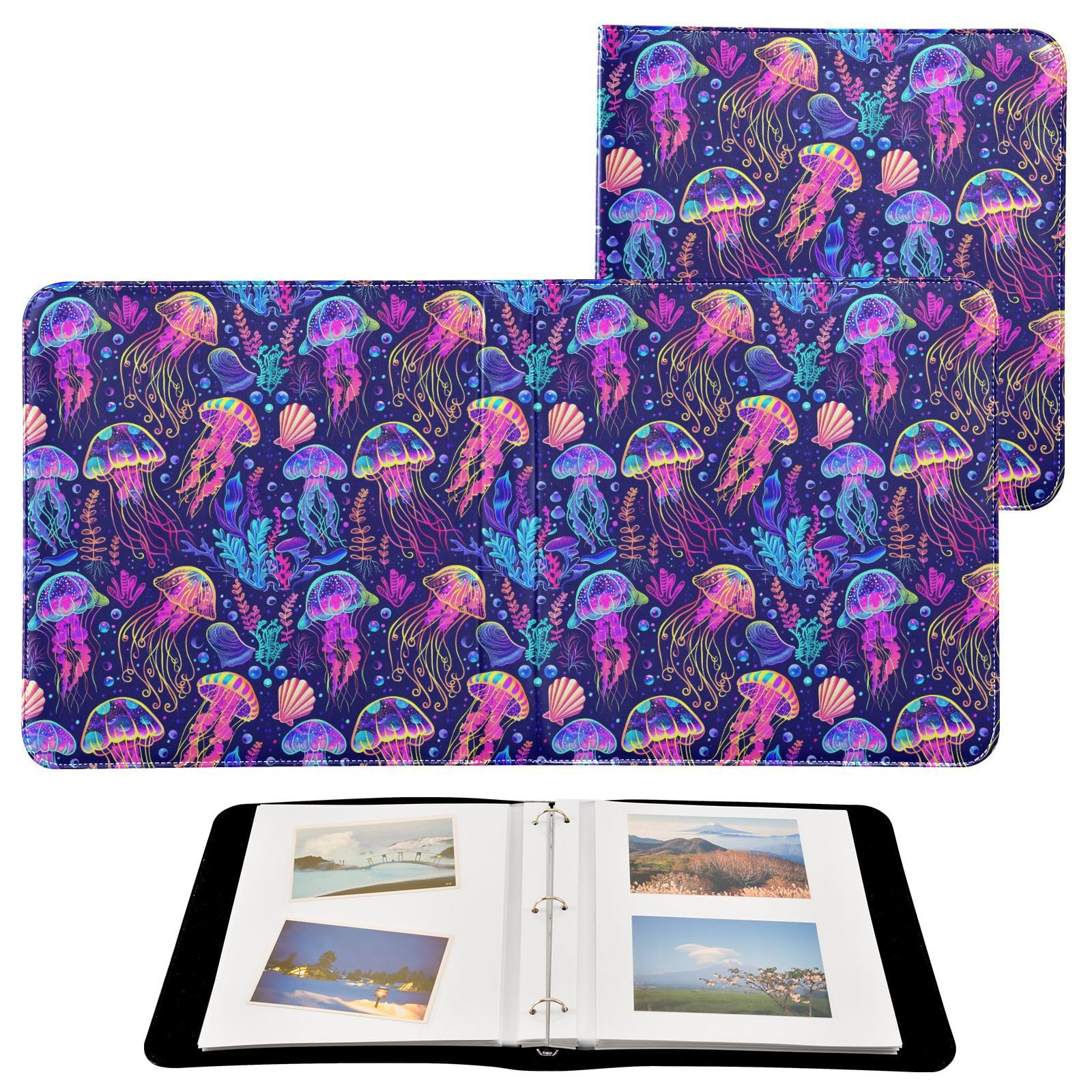 JIPONI Jellyfish Neon Large Photo Album, DIY Leather Cover Scrapbook Albums for 4x6 5x7 6x8 Pictures, Self Adhesive Memory Book for Wedding, Baby, Family