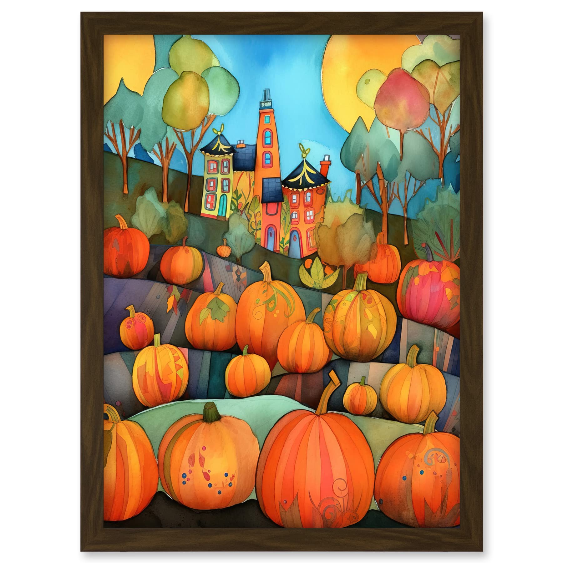 Artery8 Farm House Halloween Pumpkin Patch Modern Folk Art Watercolour Painting Artwork Framed A3 Wall Art Print