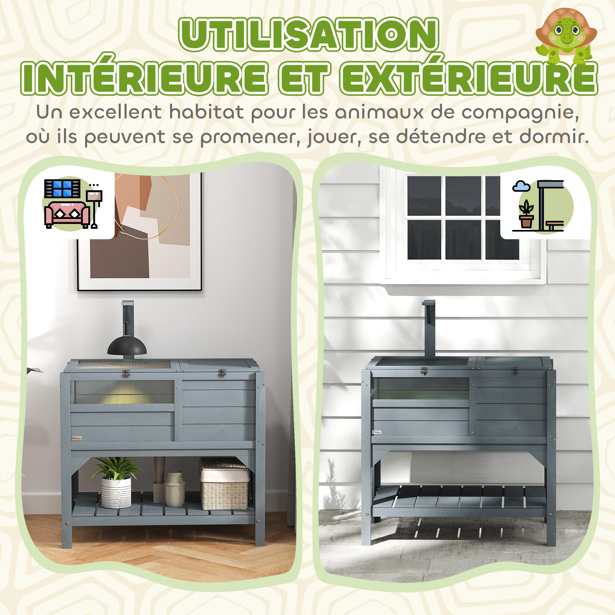 PawHut Recinto per Tartarughe su Gambe con Ripiano Portaoggetti in Legno d'Abete per Interno ed Esterno, Dimensioni 103H x 84L x 51W cm, Grigio