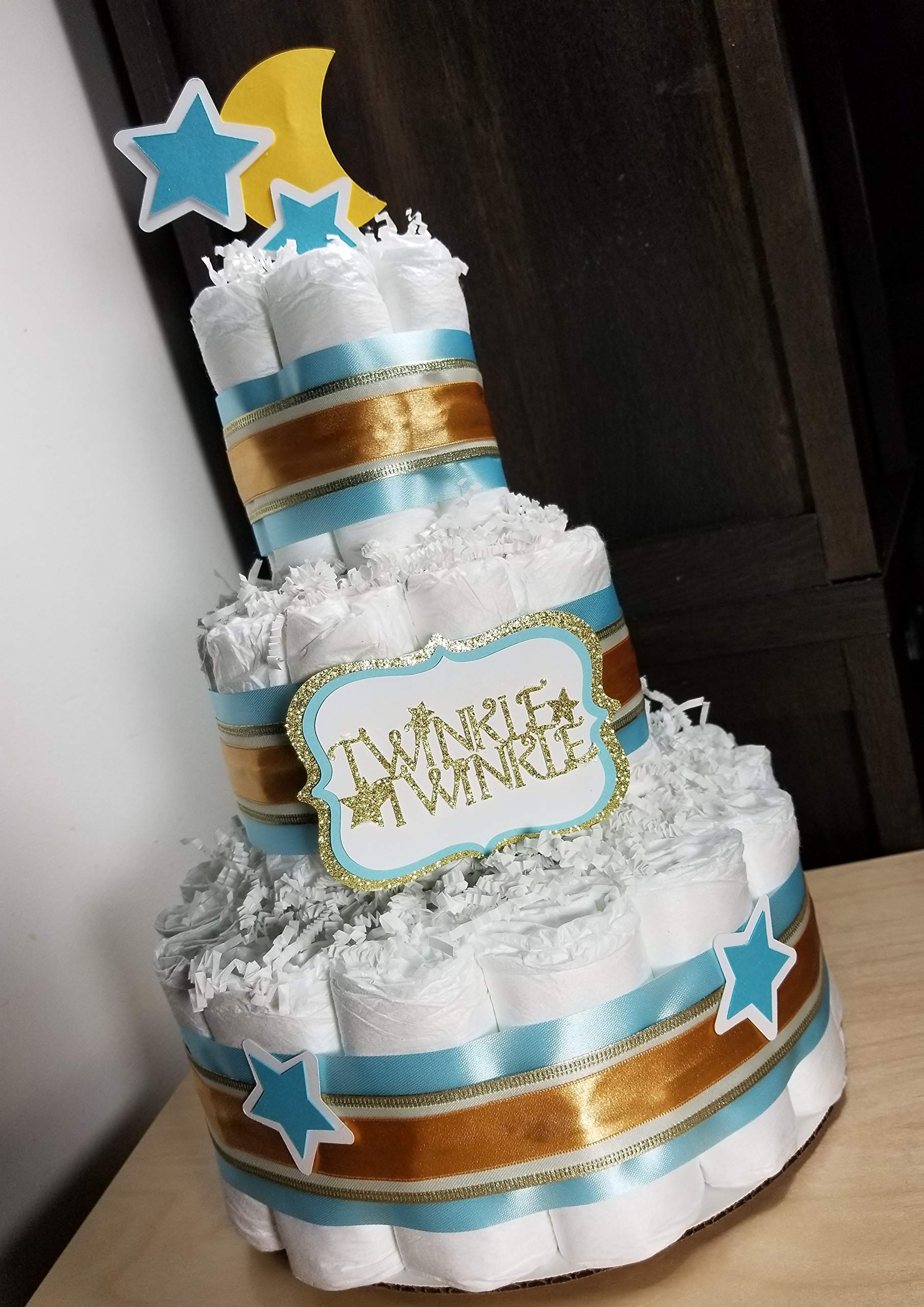 3 Tier Diaper Cake - Twinkle Twinkle Pink and Gold with Moon and Stars (Blue, Pink, and Yellow Options)