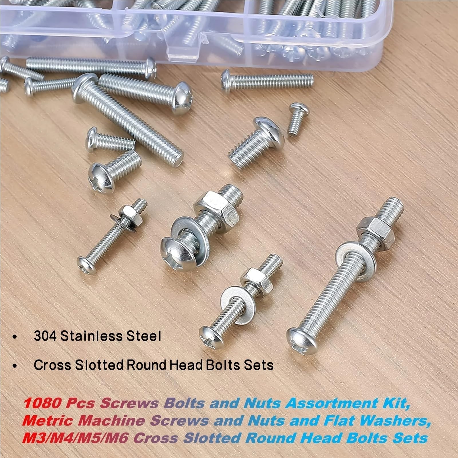 Vis Boulons Et Écrous Kit Kit d'assortiment de vis, boulons et écrous, à métaux métriques, rondelles plates, M3/M4/M5/M6, 1080 pièces