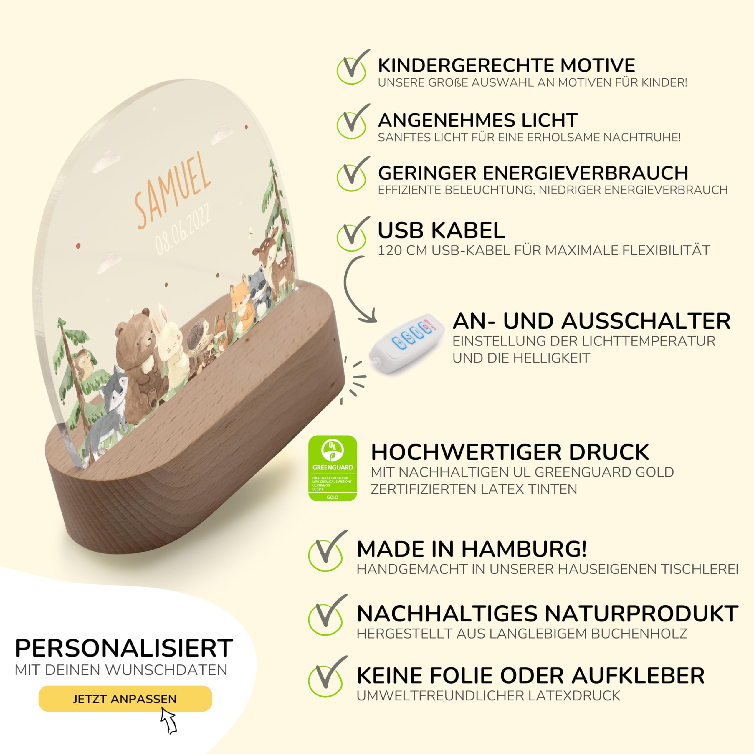 Kidsmood - Individualisiertes Nachtlicht für Babys - Dimmbare LED Nachtlampe für Kinder-Zimmer - Nachttischlampe als personalisierte Geschenke Kinder, Baby-Geschenk zur Geburt [Bär, Hase & Waltdiere]