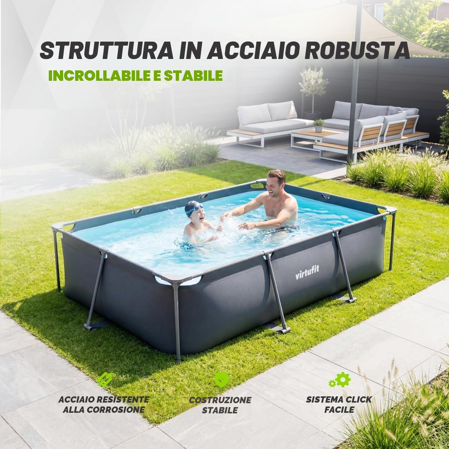 VirtuFit Piscina (nero, 300 x 210 x 66 cm (INKL. Filterpumpe), Rettangolare)