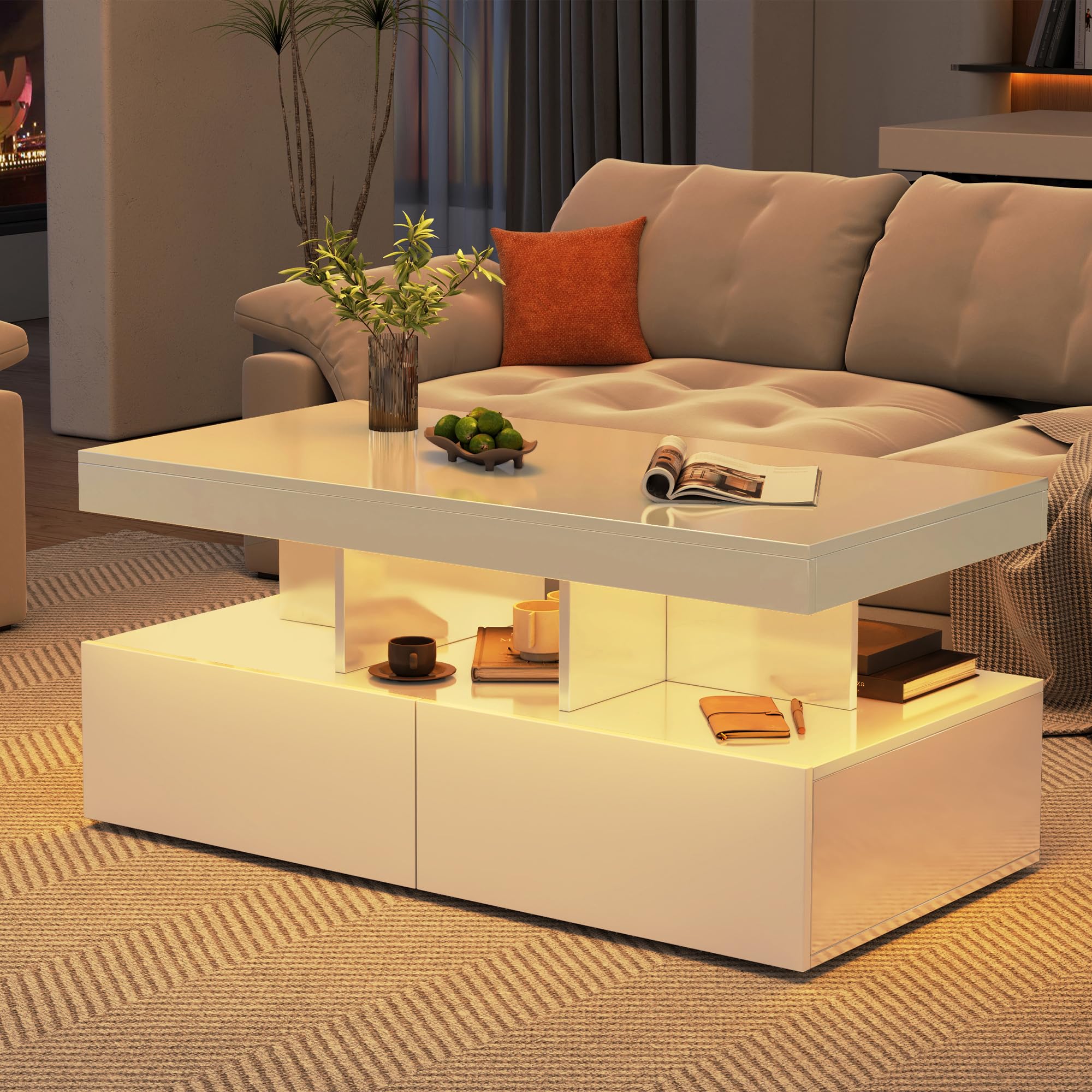 Tavolino da salotto, bianco, lucido, con illuminazione a LED RGB, tavolino con 2 cassetti, tavolino con vano portaoggetti, moderno, superficie liscia, 104 x 46 x 53 cm (bianco)