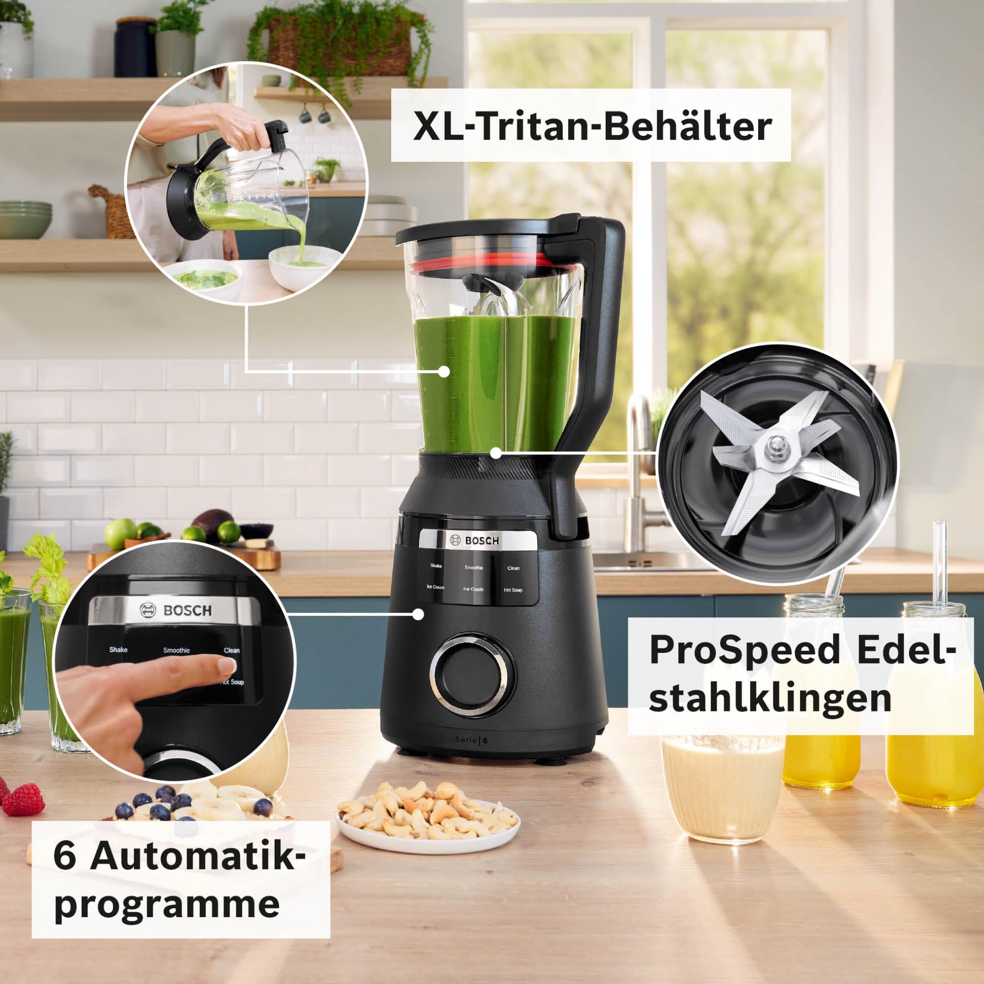 Bosch Highspeed-Standmixer, Smoothie Maker, 45.000 U/min, 6 Programme (inkl heiße Suppe & Reinigung), 2 L Mixbehälter, spülmaschinenfeste Teile, Made in Europe, 1800W, VitaPower Serie 6 MMBD665B1