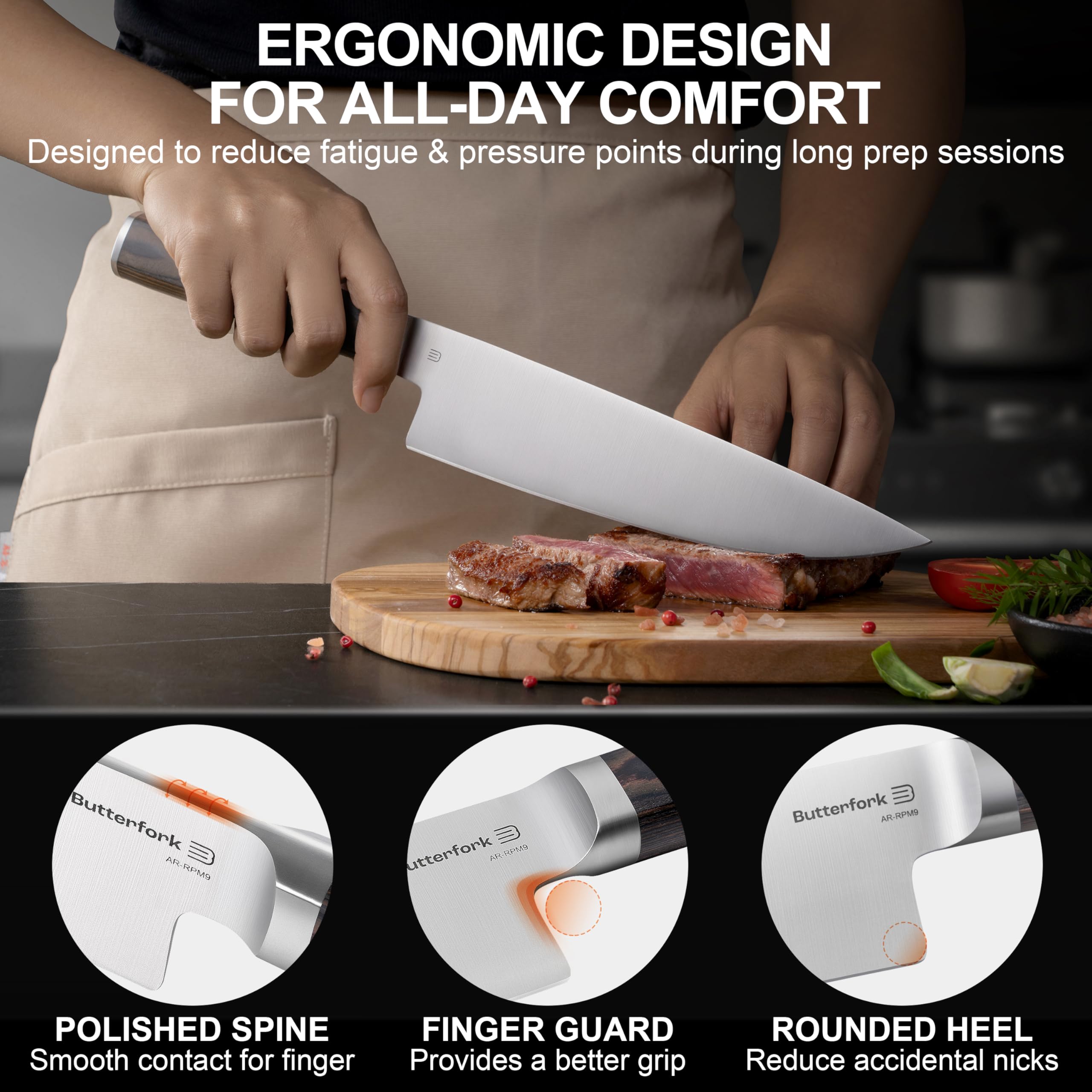 8 Inch Chef Knife, AR-RPM9 Steel, Pakkawood Handle Utility Knife — Amazon image 6