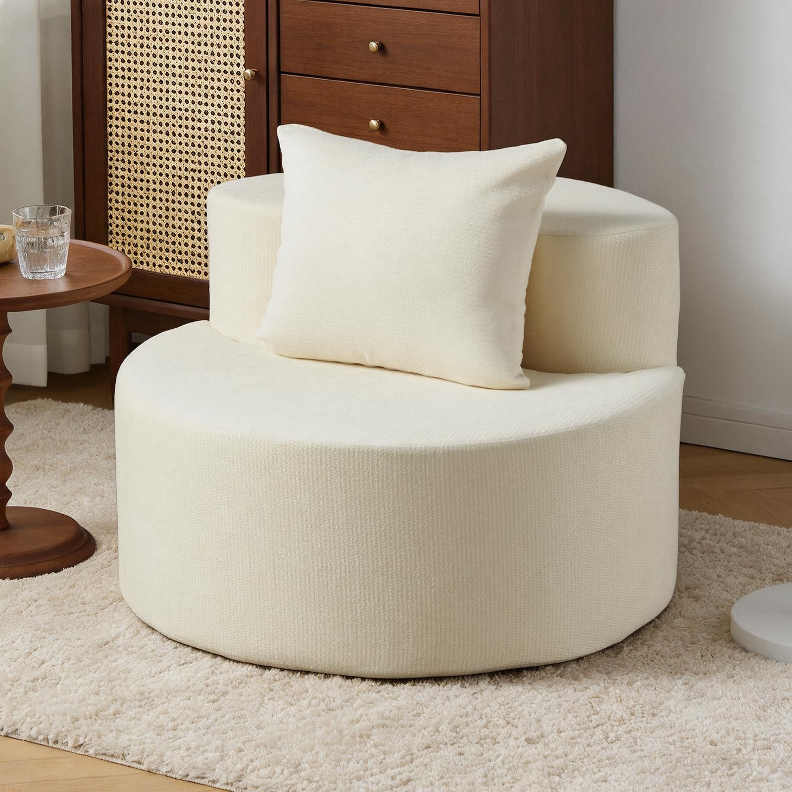 AIMSTYTO Modern Tub Chair, Round Shape Armchair, Soft Breathable Fabric, Ergonomic Versatile with Lumbar Support, Vanity Chair Accent Chair with Matching Pillow for Living Room/Bedroom/Makeup, White