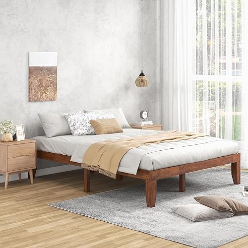 Miniatura 4 de KOMFOTT Base de cama de plataforma de madera de 14 pulgadas, tamaño Queen, base de colchón de madera maciza con marco de madera de goma, soporte de