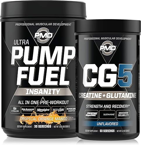 PMD Sports Ultra Pump Fuel Insanity - Pre entrenamiento - Mango naranja tropical (30 porciones) Sports CG5 Premium Creatina y L-Glutamina en polvo