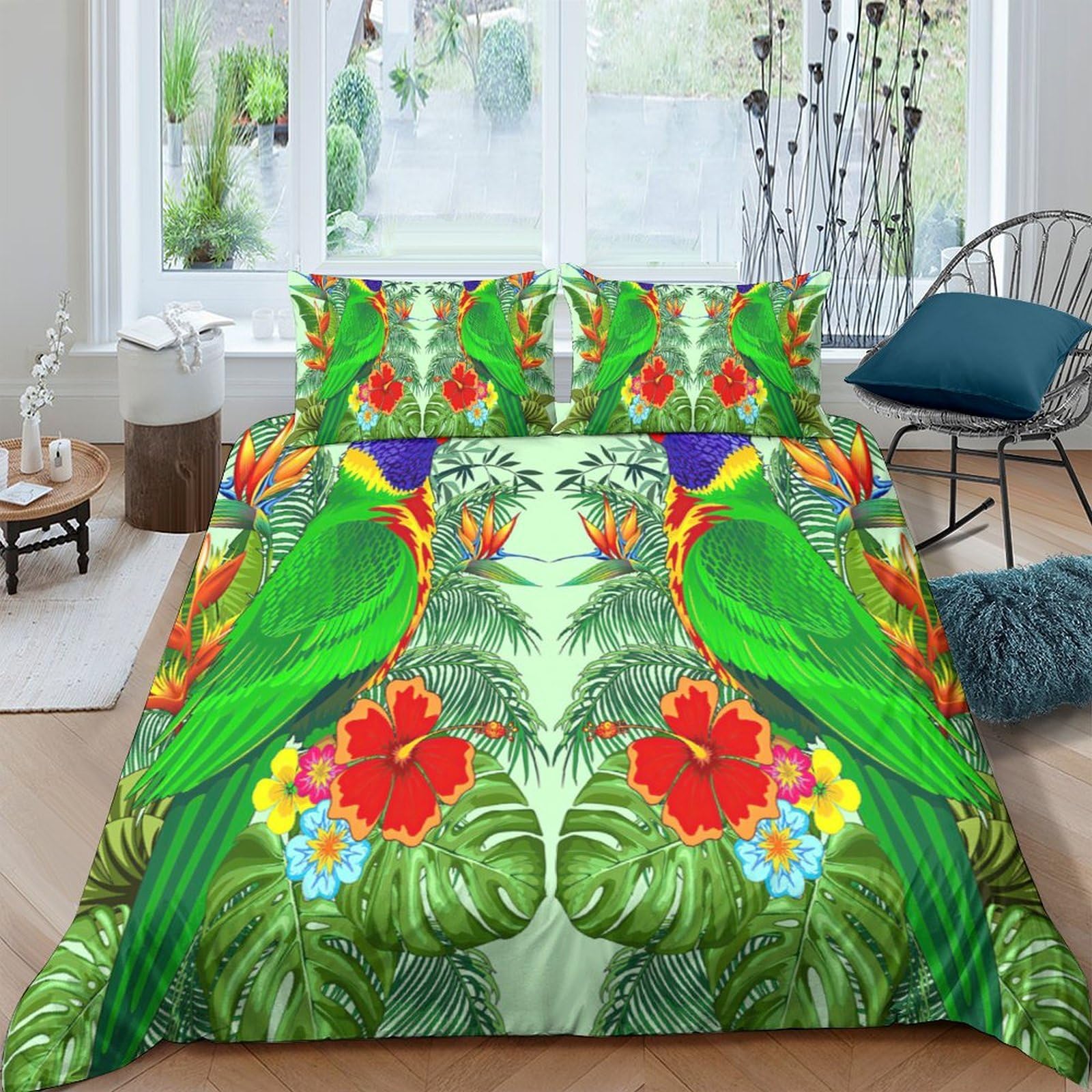 Ctjqhvkz Style-9 3D Printed Tropical Parrot Fitted Sheet Microfiber Soft Anti-Slip Jungle Floral Mattress Cover For Bedroom Guest Room Single（135X200cm）