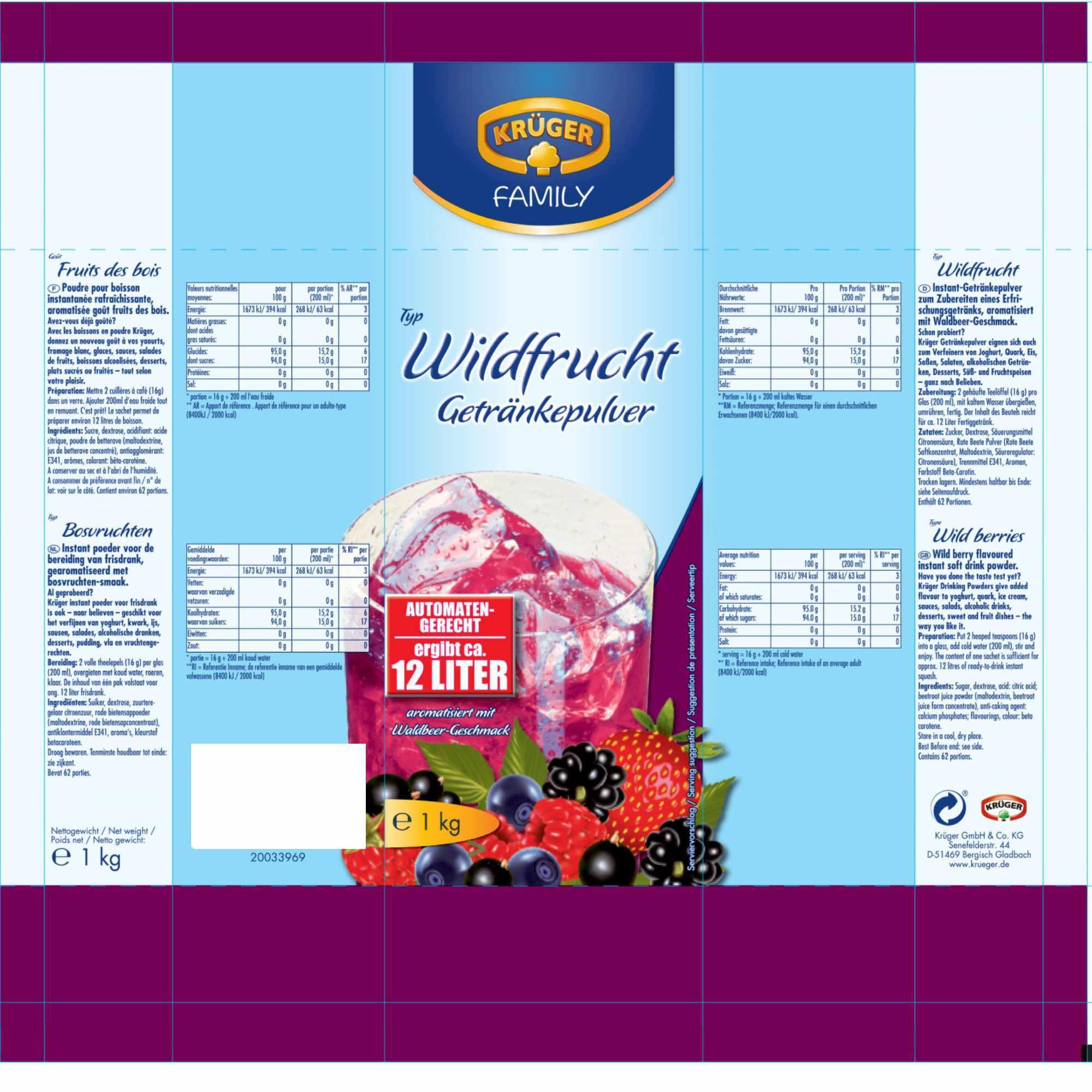 Krüger Getränkepulver Wildfrucht automatengerecht 6er Pack (6x1kg Beutel) + usy Block
