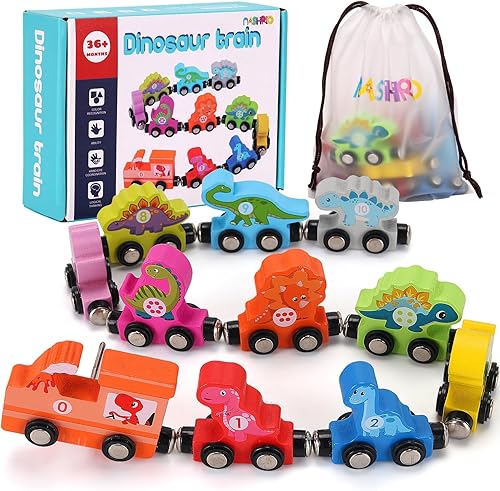 NASHRIO Juguetes de dinosaurio para niños de más de 36 meses, juego de tren magnético de madera de dinosaurio, divertidos regalos educativos para
