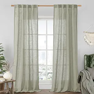LAMIT Sage Grey Linen Boho Curtains 84 inch Length 2 Panels, Light Filtering Semi Sheer Panels Back Tab and Rod Pocket Neutral Drapes for Bedroom/Living Room, 34 x 84 Inch