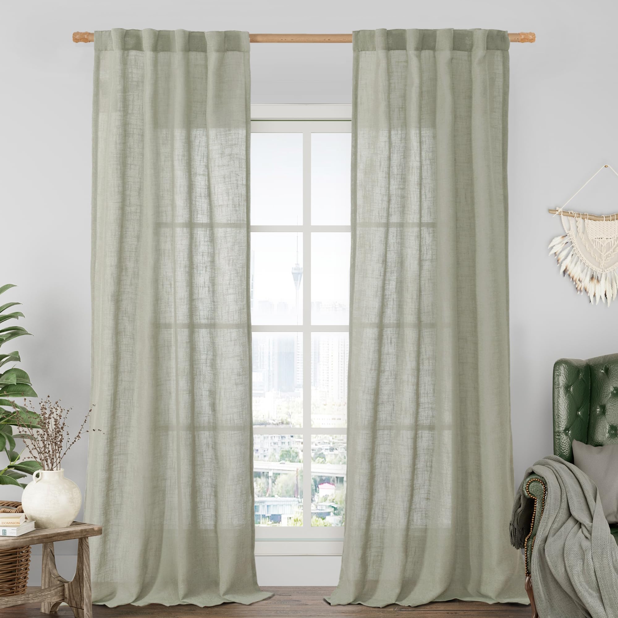 LAMIT Sage Grey Linen Boho Sheer Curtains 84 inch Length 2 Panels