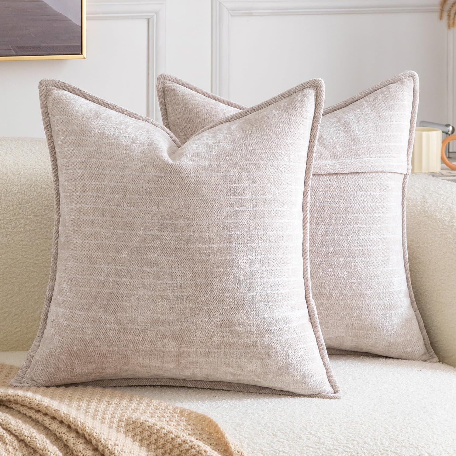 Madizz Pack of 2 Decorative Striped Cushion Covers Vintage Boho Soft Chenille Throw Pillows Luxurious Pillow Cases for Couch Sofa Bedroom Living Room 40x40 CM, Beige โ image 1