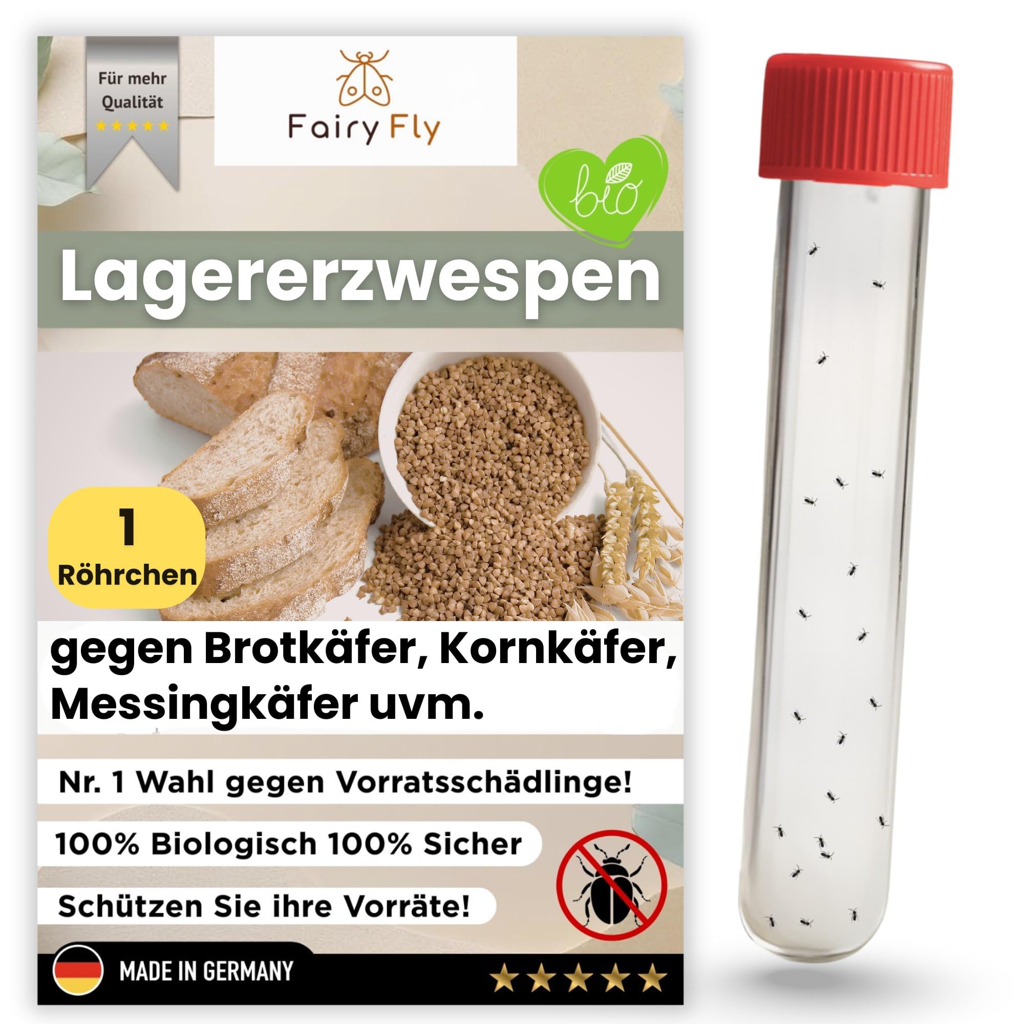 Lagererzwespen gegen Brotkäfer, Kornkäfer & Messingkäfer – 1 Röhrchen à 40 Nützlinge – Biologische Alternative zur Brotkäfer Falle – 100% chemiefrei – Made in Germany