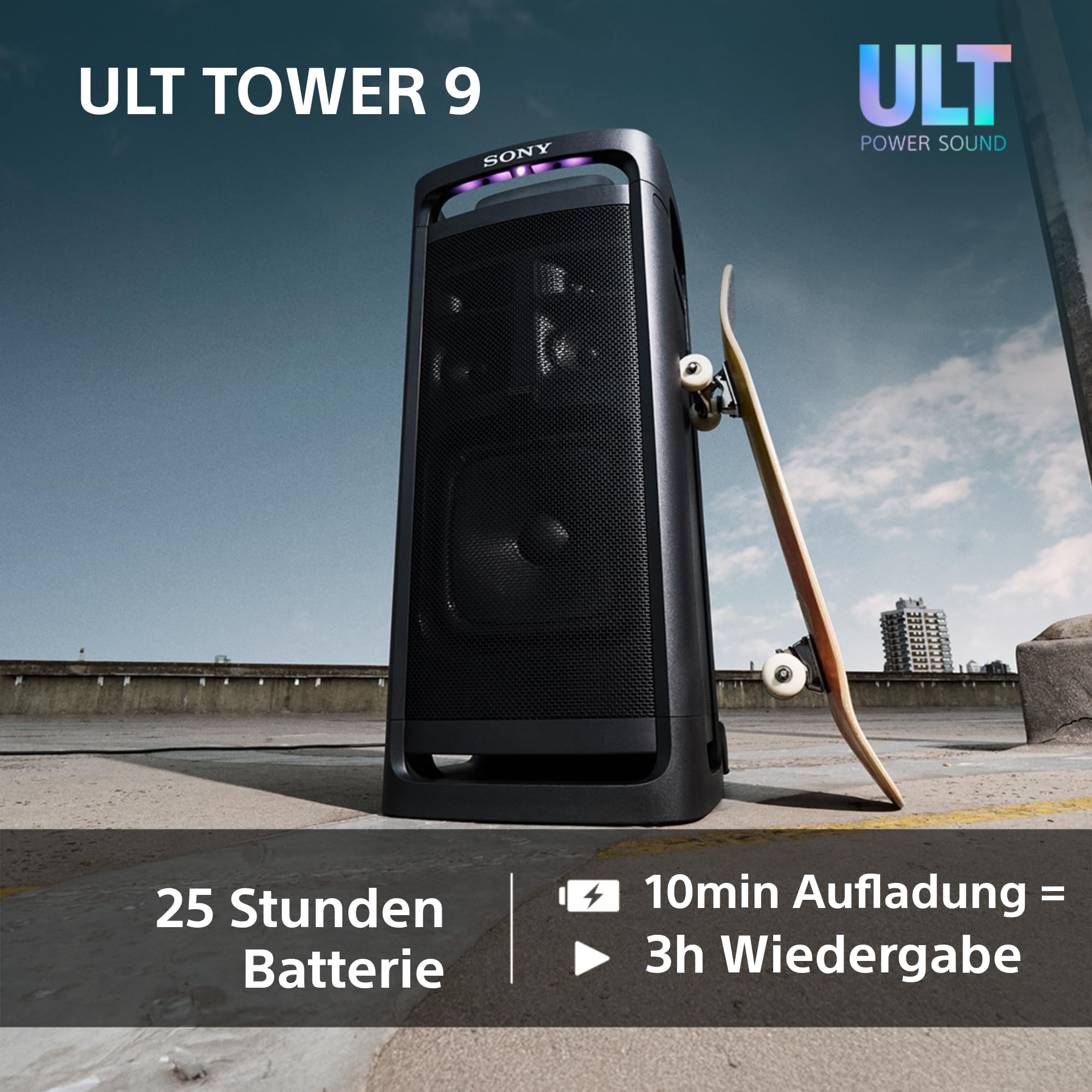 Sony ULT Tower 9 - Ultimativer Bluetooth-Party-Lautsprecher, 25 Stunden Batterie- und Netzbetrieb, 2 ULT Power Sound Modi, X-Balanced Speaker, 360° Beleuchtung & Sound, Karaoke-Eingänge - Schwarz