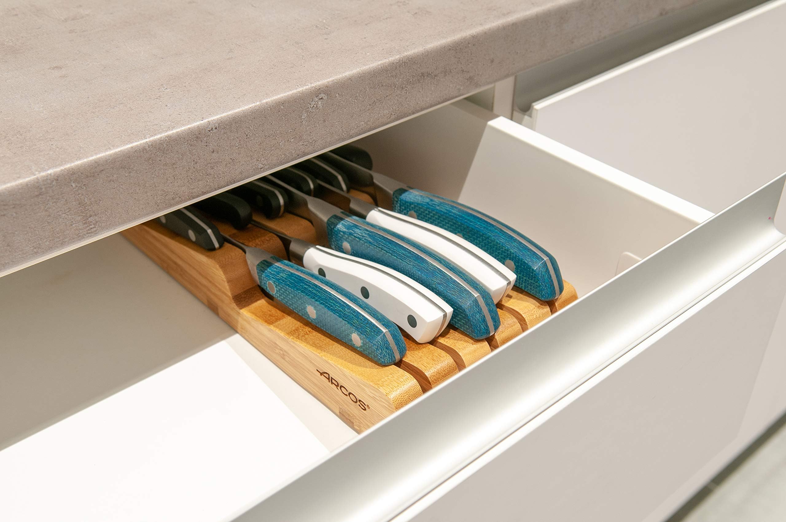 Arcos Taco Organizador de Cuchillos para Cajón, Bambú, Apto para Cajones de hasta 25 cm, Tamaño 39x432x139 mm, Almacenamiento Seguro y Elegante, Color Marrón