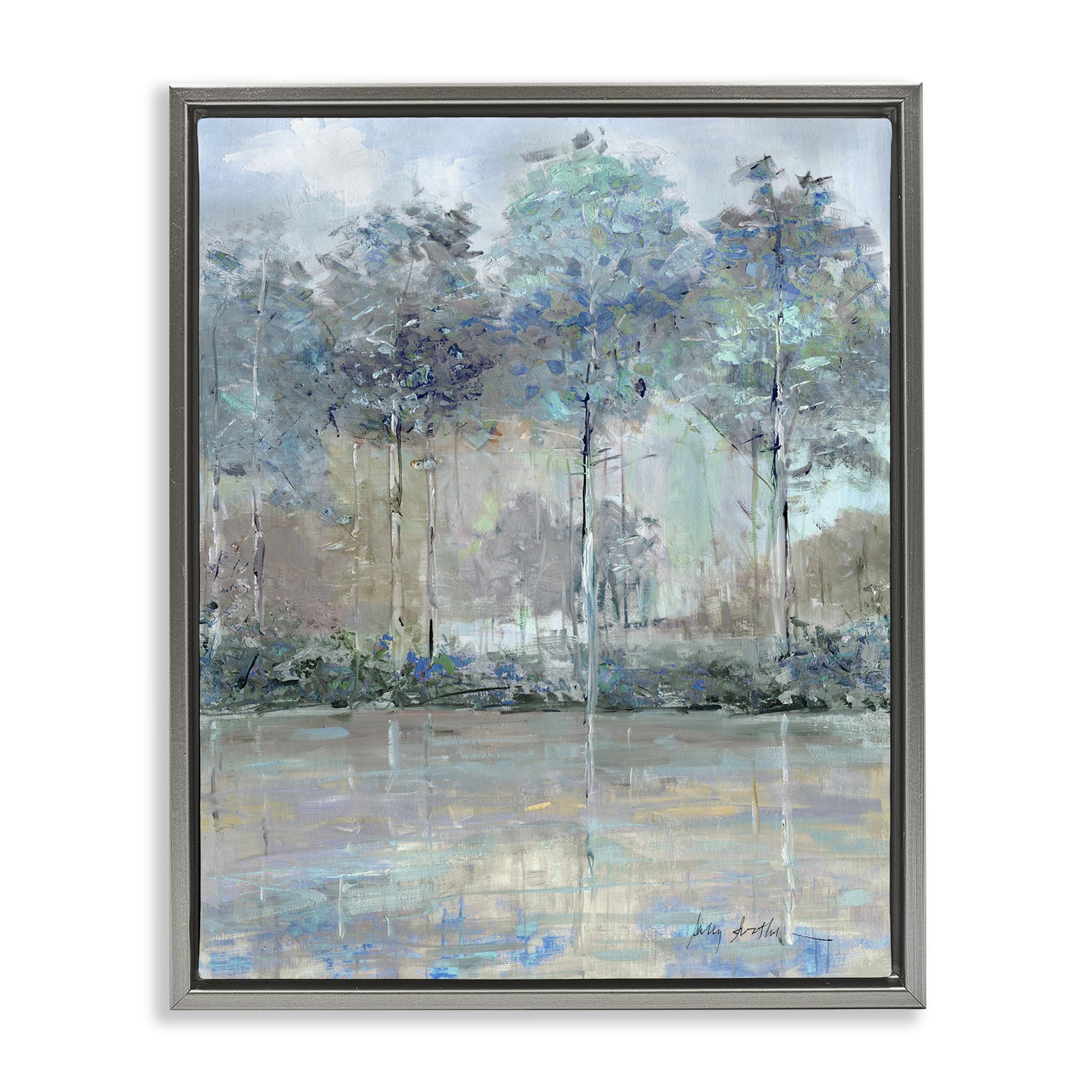 Stupell Industries Serene Forest Water Reflection 'Subdued Expression Of Trees', Floating Frame Canvas Art, Gray, 17 X 21 Inches, Easy To Hang And Sturdy, Made In Usa, By Sally Swatland
