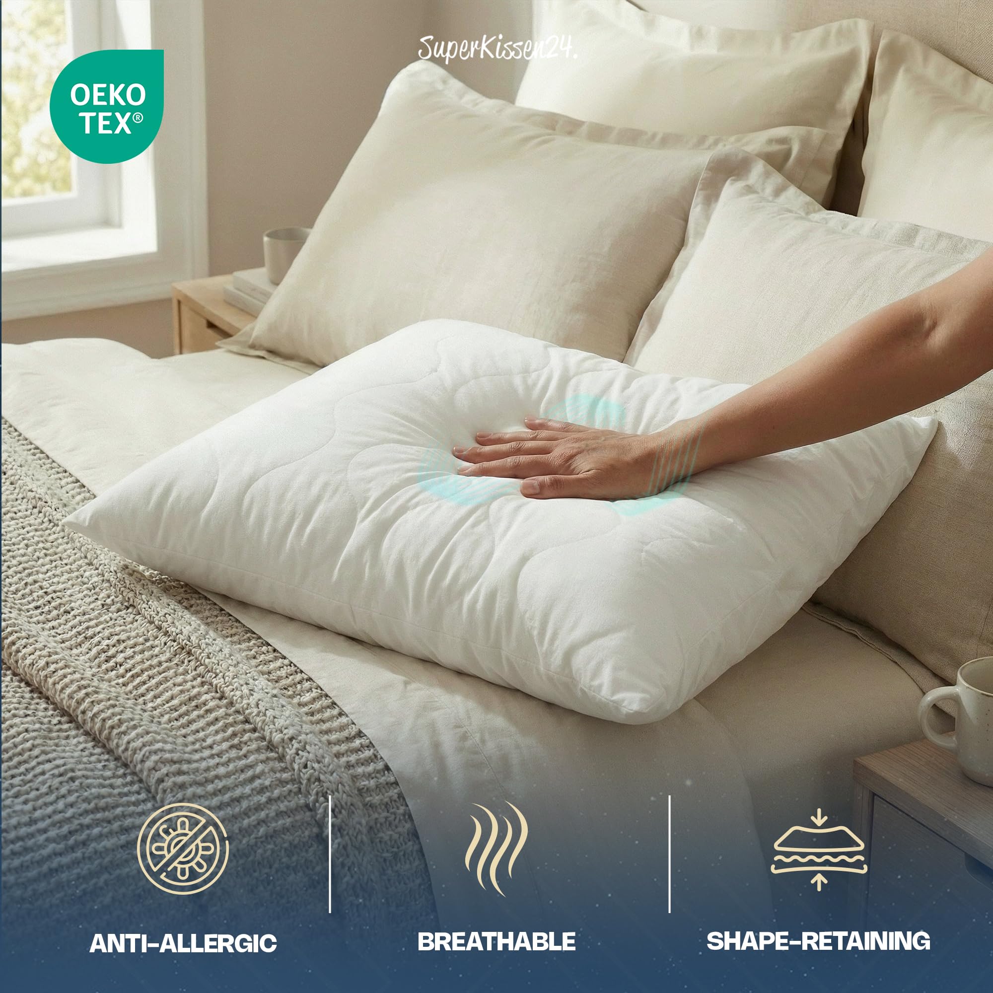SuperKissen24. Set di 2 Cuscini Letto in Microfibra 80x80 cm con Imbottitura in Poliestere - Anallergico - Cuscino per Divano, per Salotto - Good Sleep Bianco