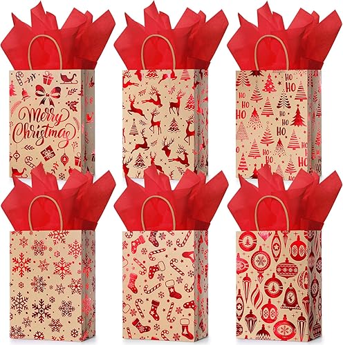 Miniatura 1 de 24 bolsas de regalo de Navidad con papel de seda, bolsas de papel kraft con asas a granel para envolver regalos de Navidad, suministros de fiesta