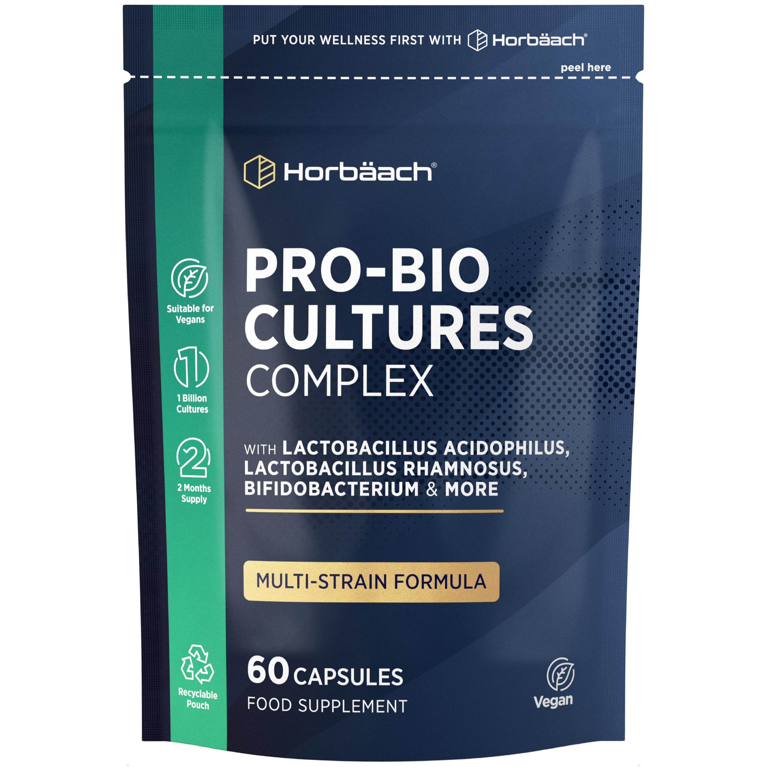 Probiotic 1 Billion CFU | 60 Vegan Capsules | Multi-Strain: Lactobacillus Acidophilus & Bifidobacterium | Bio Cultures Complex Supplement, No Artificial Preservatives