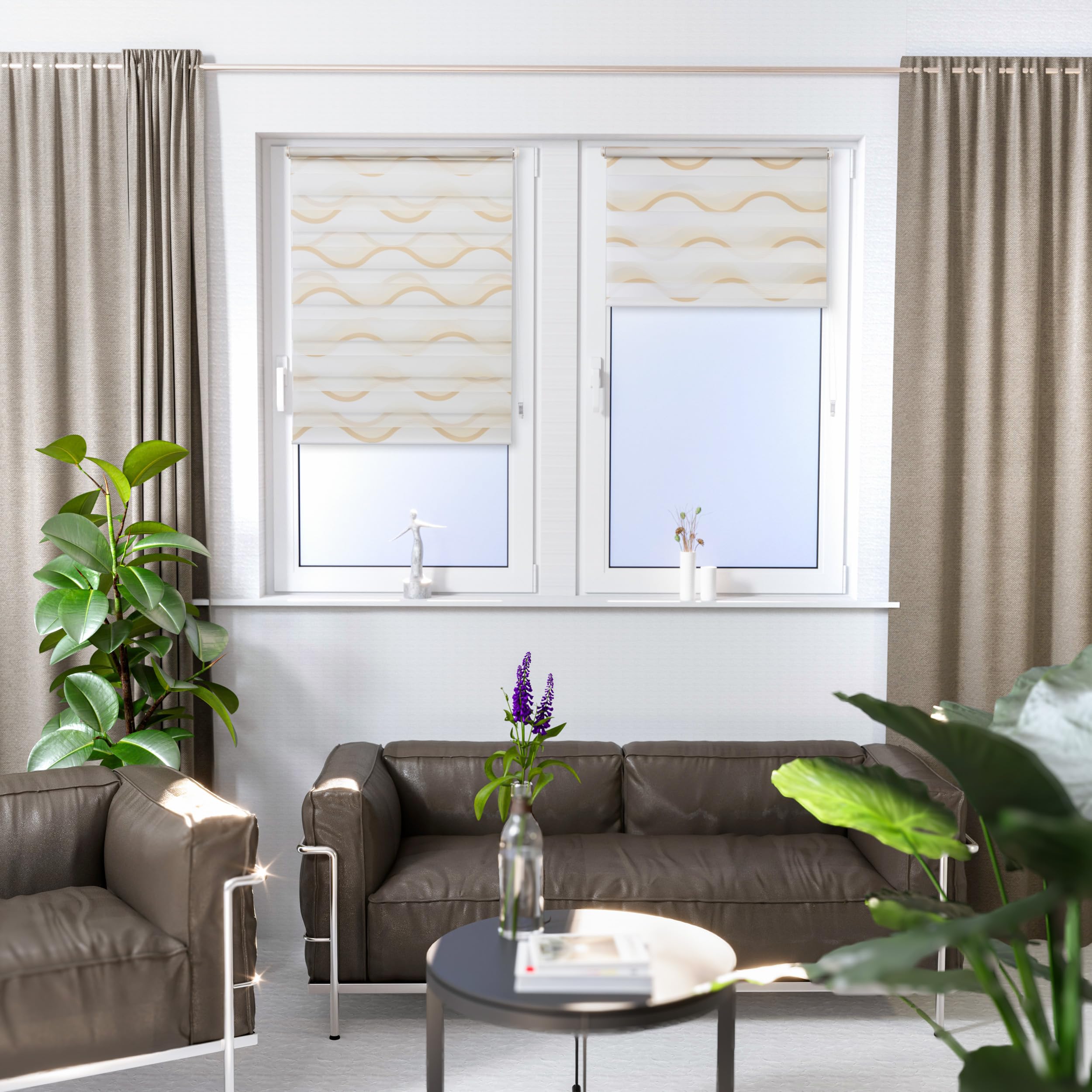 K-Home Klemmfix, tenda doppia a rullo, Madrid, senza fori, con stampa ondulata, 30 x 150 cm (larghezza x lunghezza), colore beige