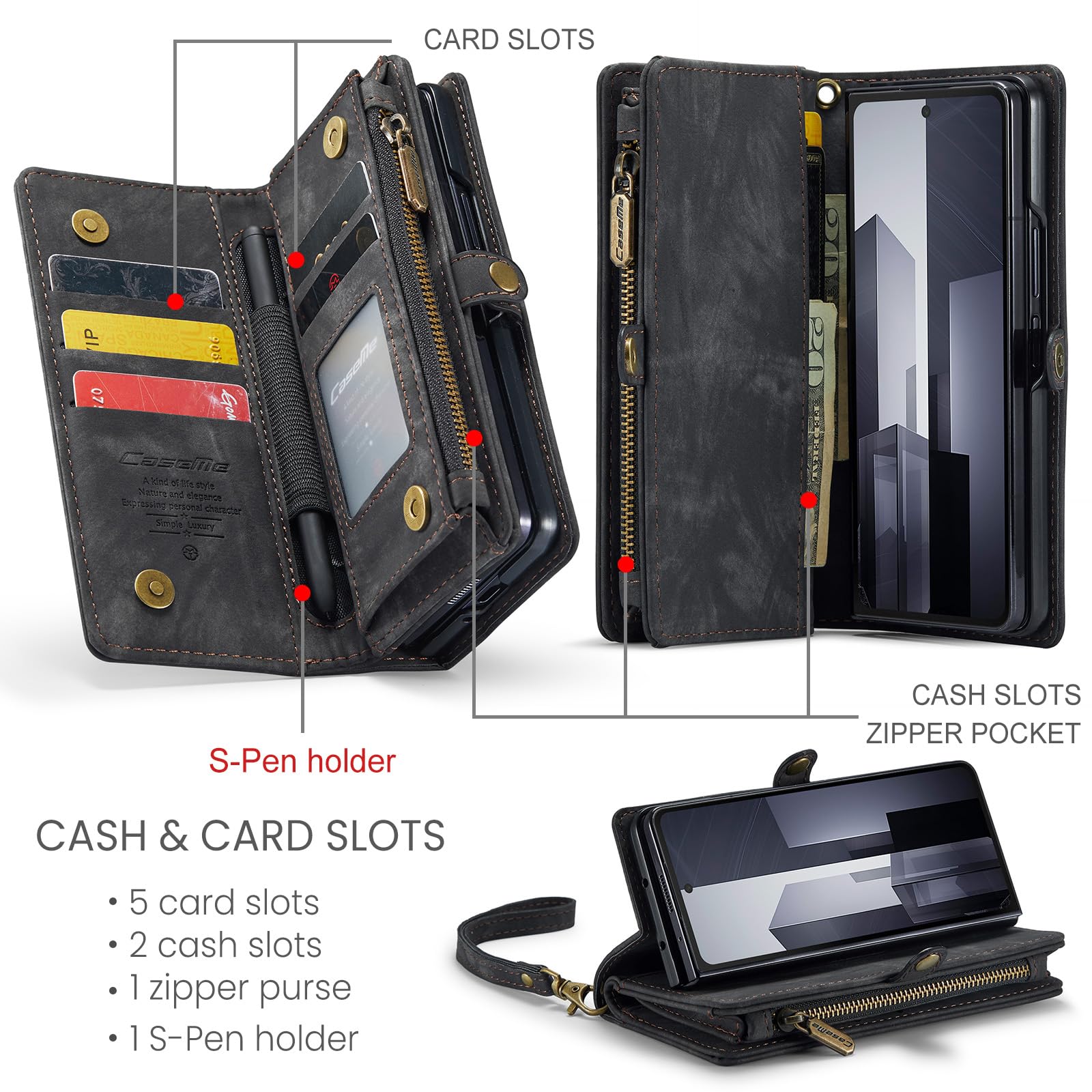 UFinetech Z Fold 6 Case, Shockproof Card Holder Flip Zipper Slots Wallet Cover for Galaxy Z Fold6 Case, Built-in S-Pen Holder - Image 2
