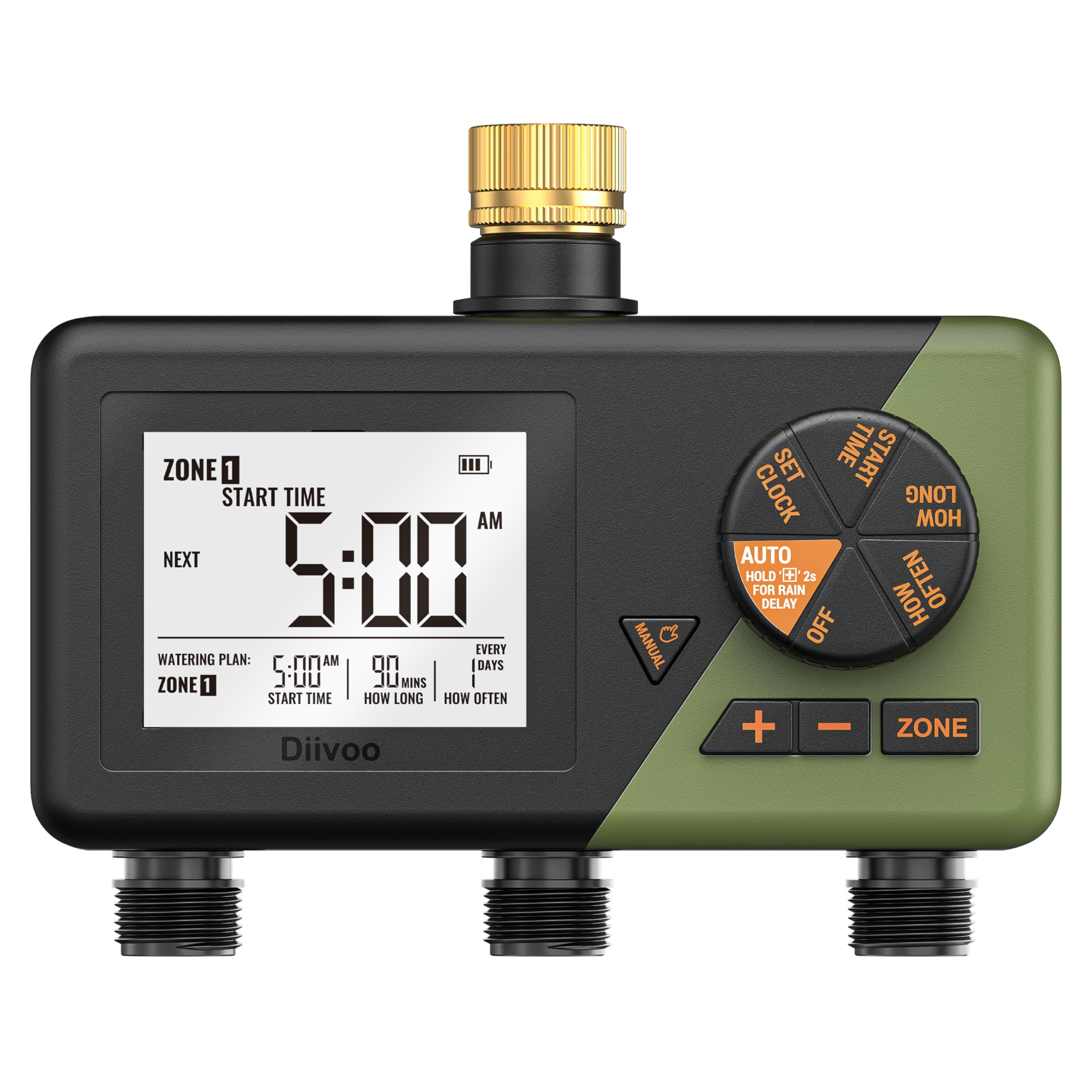 Diivoo Programmateur Arrosage Automatique 3 Voies avec Entrée en Laiton | Grand Écran LCD, Retard de Pluie, Arrosage Manuel/ Automatique, Convient pour Jardin, Pelouse