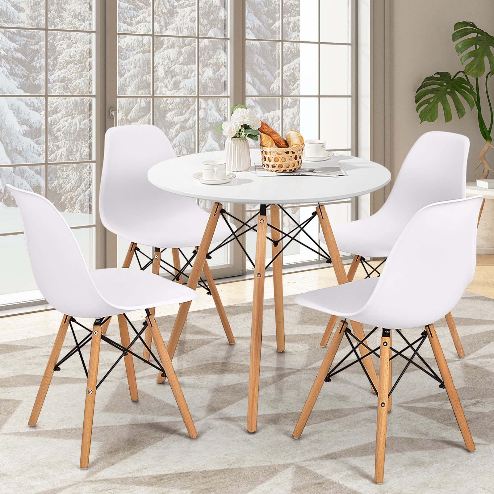 LDAILY Moccha Dining Table Set for 4, 5-Piece Kitchen Table Set with Round Dining Table & 4 Chairs, Breakfast Set with Solid Wood Legs, Modern