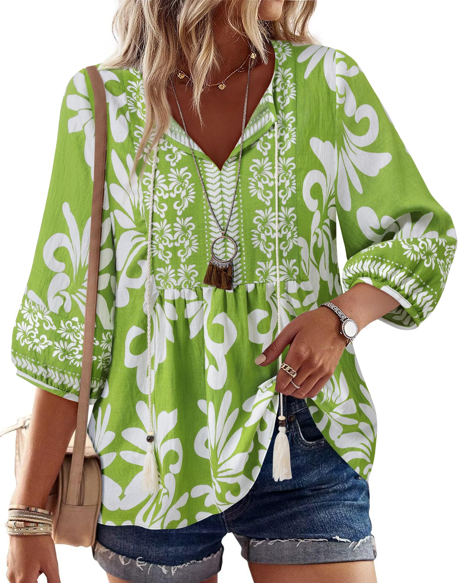 Vivilli Womens Summer Boho Babydoll Tops 3/4 Sleeve Pleated Peplum Blouses Casual V Neck Tie Front 2026 Tunic Tops