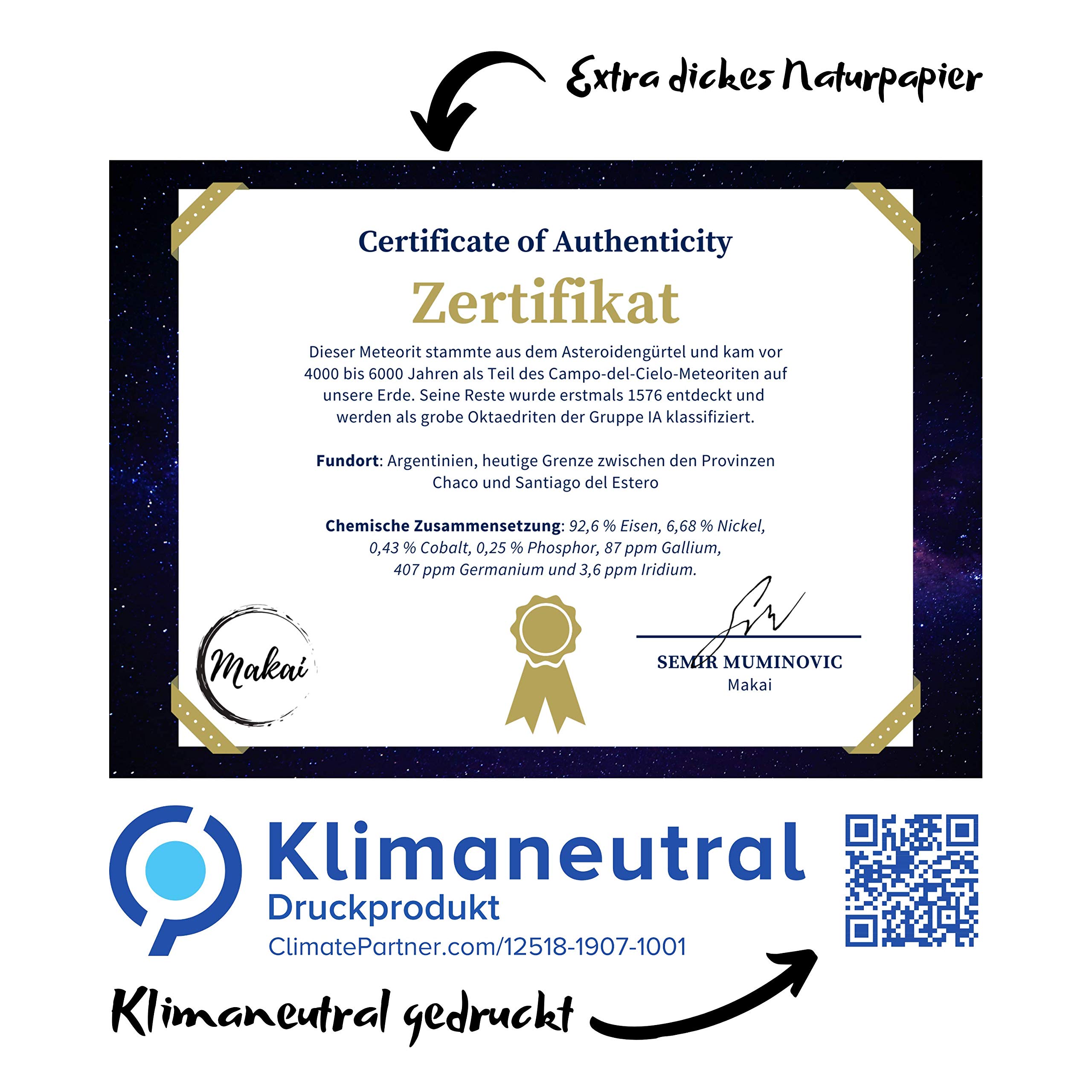 Makai Estrella fugaz de meteoritos reales Campo-del-Cielo con certificado de autenticidad y caja de almacenamiento (con marco flotante adicional)