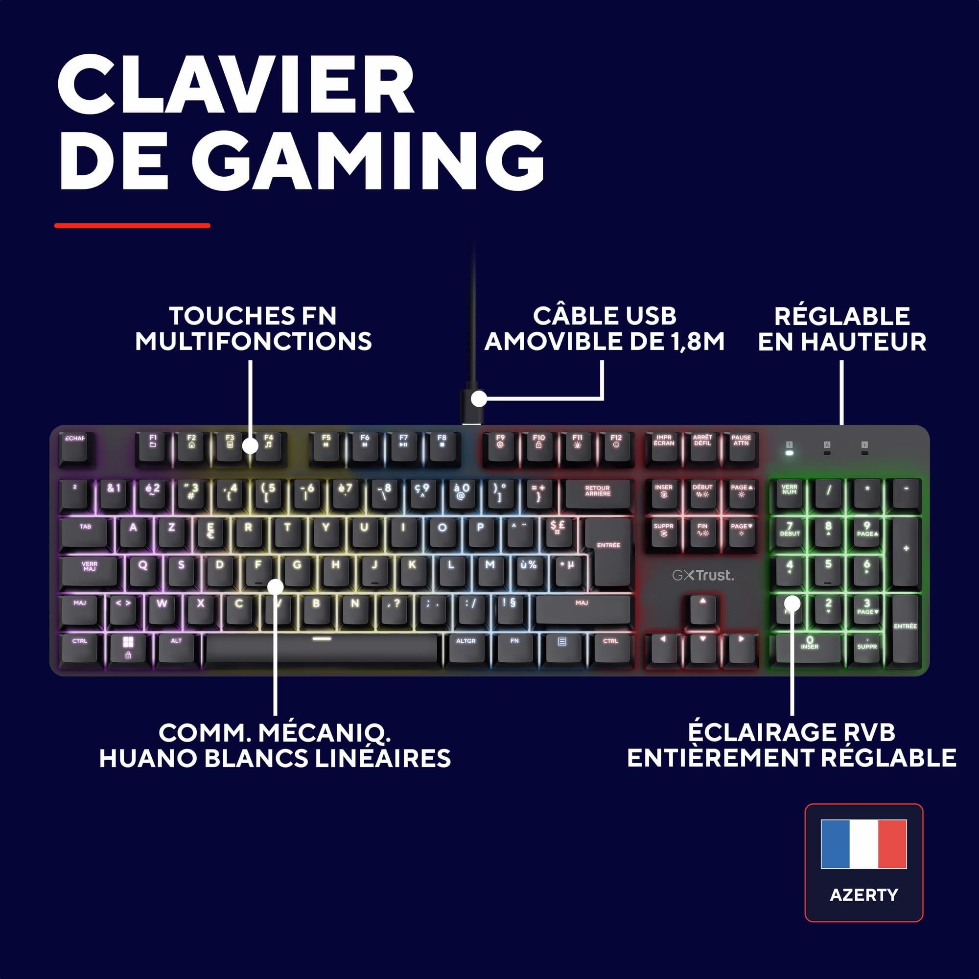 GXTrust Zora Clavier Mécanique Française AZERTY avec Éclairage RGB, Noir | Commutateurs Huano Linéaires, Anti-Ghosting N-Key Rollover, Clavier Gamer Filaire Programmable PC, Laptop