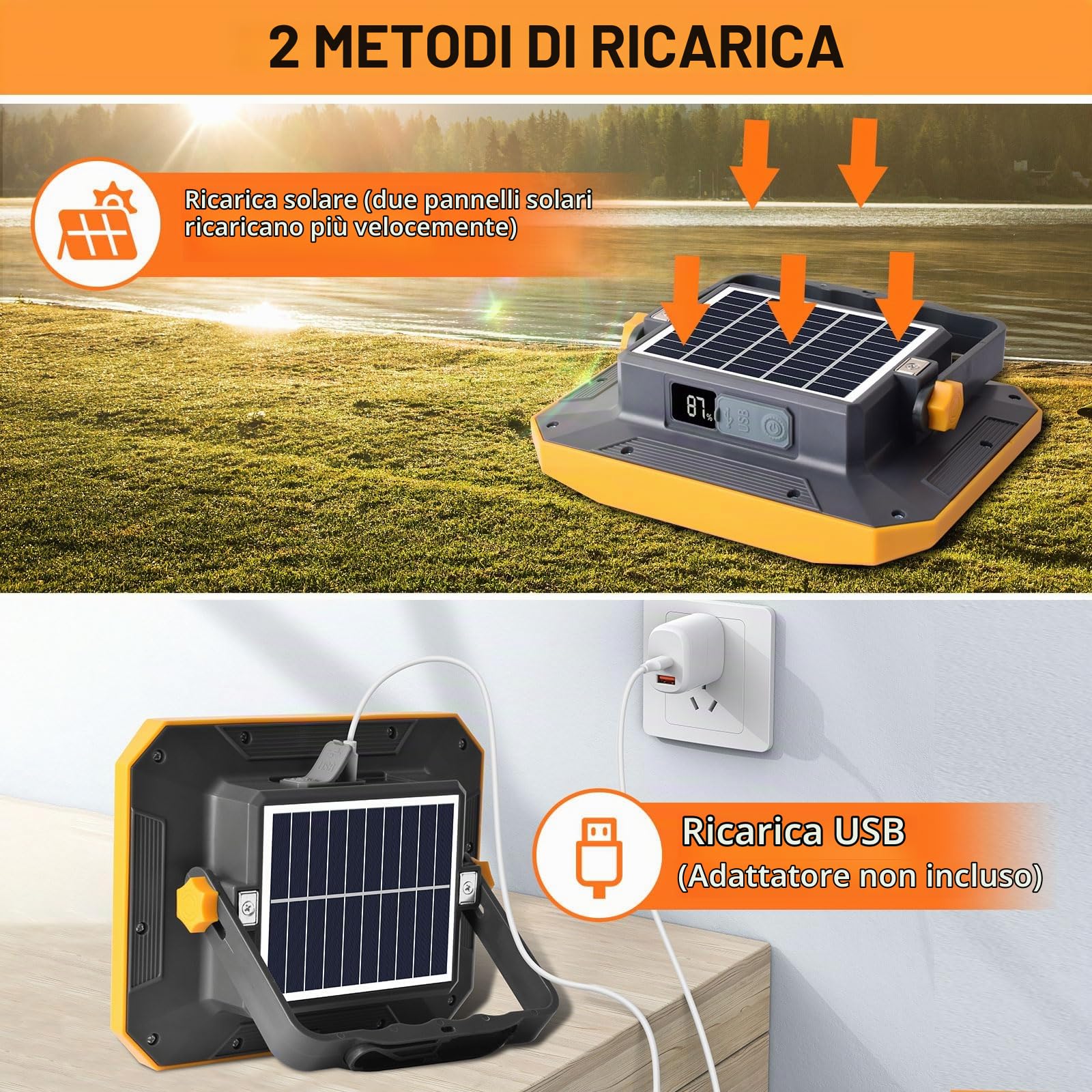 Faro LED Ricaricabile Solare, 10000LM, 7800mAh, 4 Modalità di Luce | 60W, Uscita USB, Base Magnetica, Luce Rossa e Blu, IP54, Leggero & Portatile per Campeggio, Pesca, Emergenze, e Garage