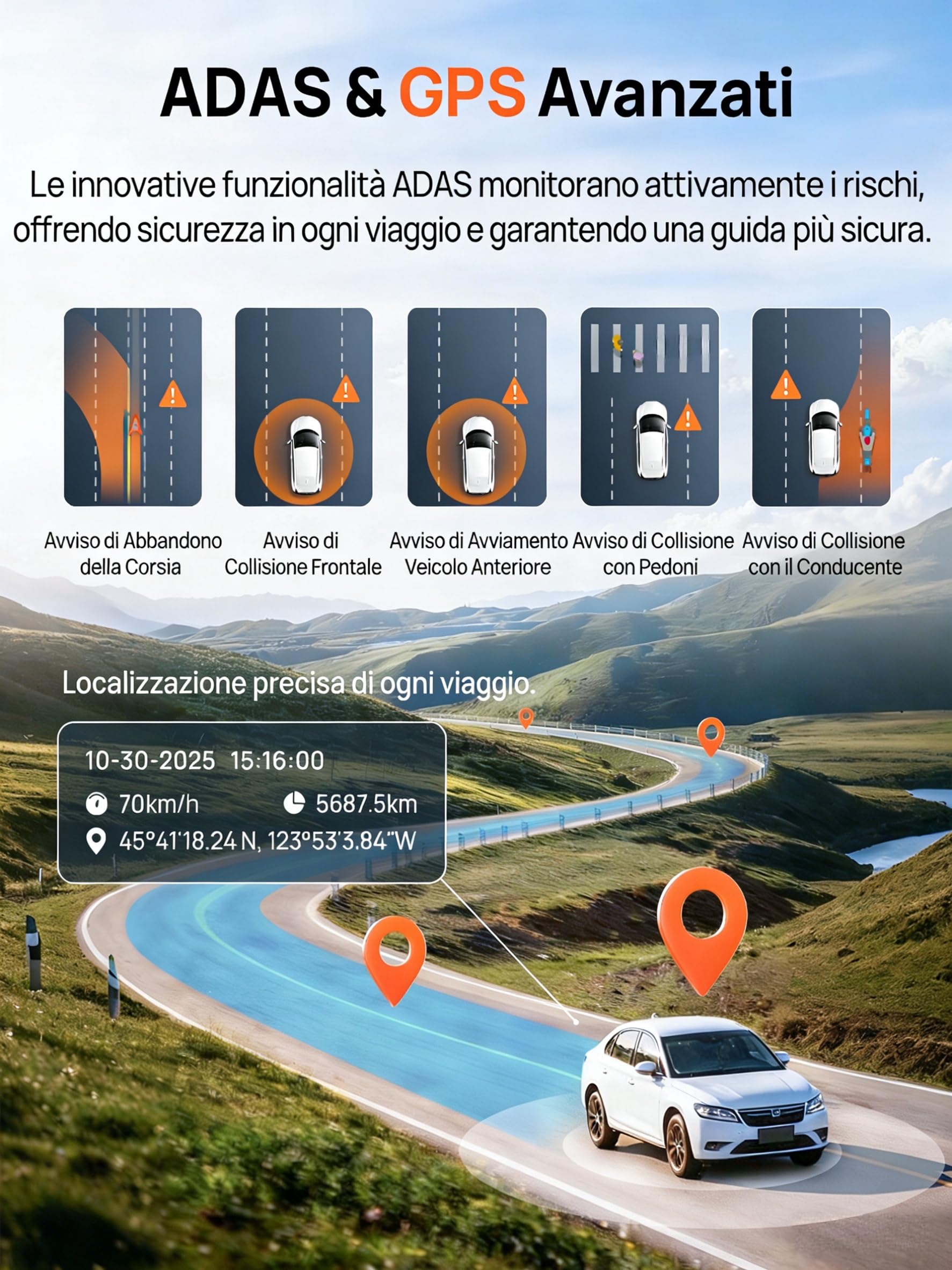 70mai Dash Cam A810S, 4K+1080P Telecamera Auto Fronte e Retro con SD 128GB, Starvis 2 HDR, GPS Integrato, Sorveglianza Parcheggio 24h AI, Visione Notturna, ADAS, WiFi & App, Supporta 512GB
