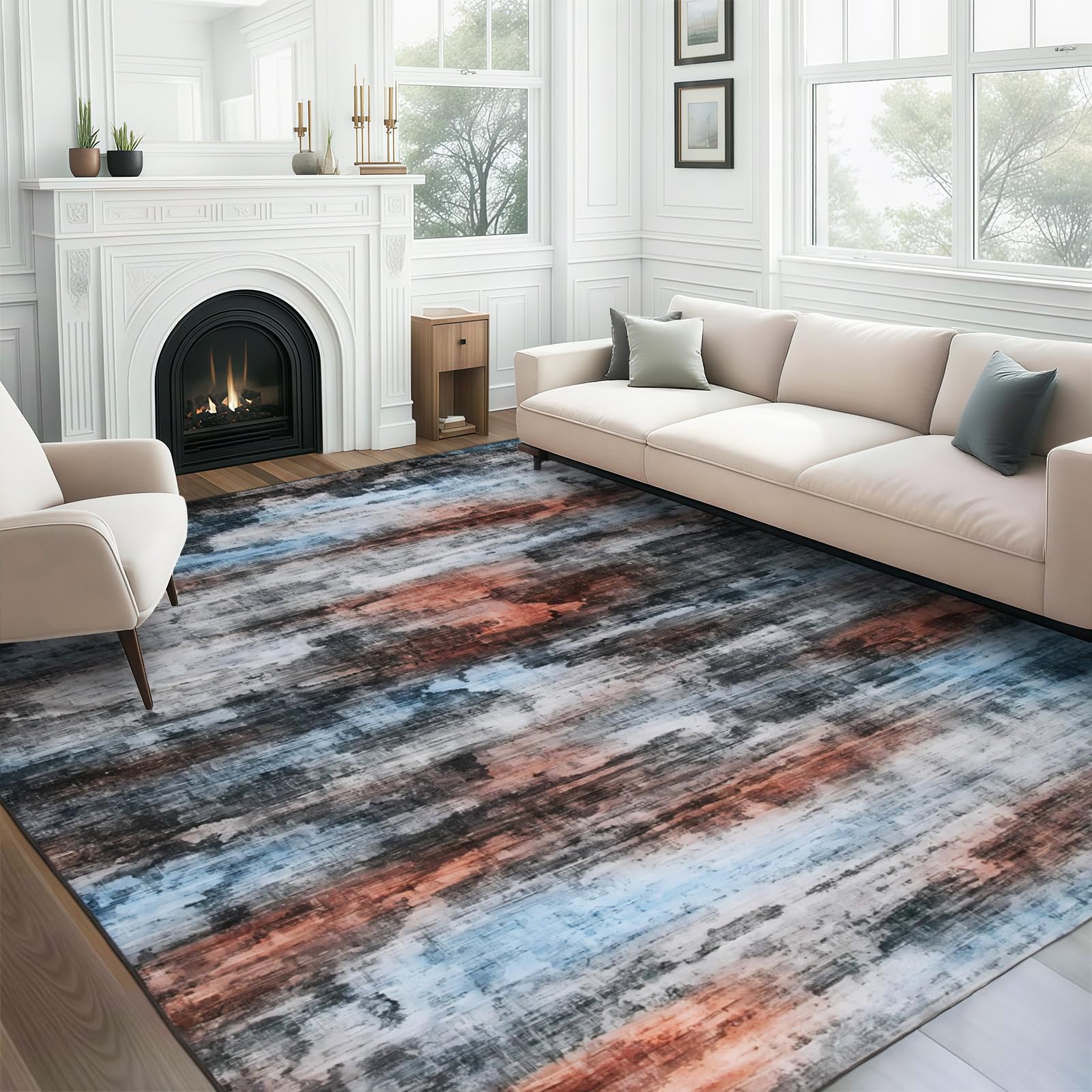 WILLSUN Washable Area Rugs, 9x12 Non-Slip Boho Large Area Rugs for Living Room, Bedroom, Machine Washable Vintage Rug, Indoor Floral Print Carpet for