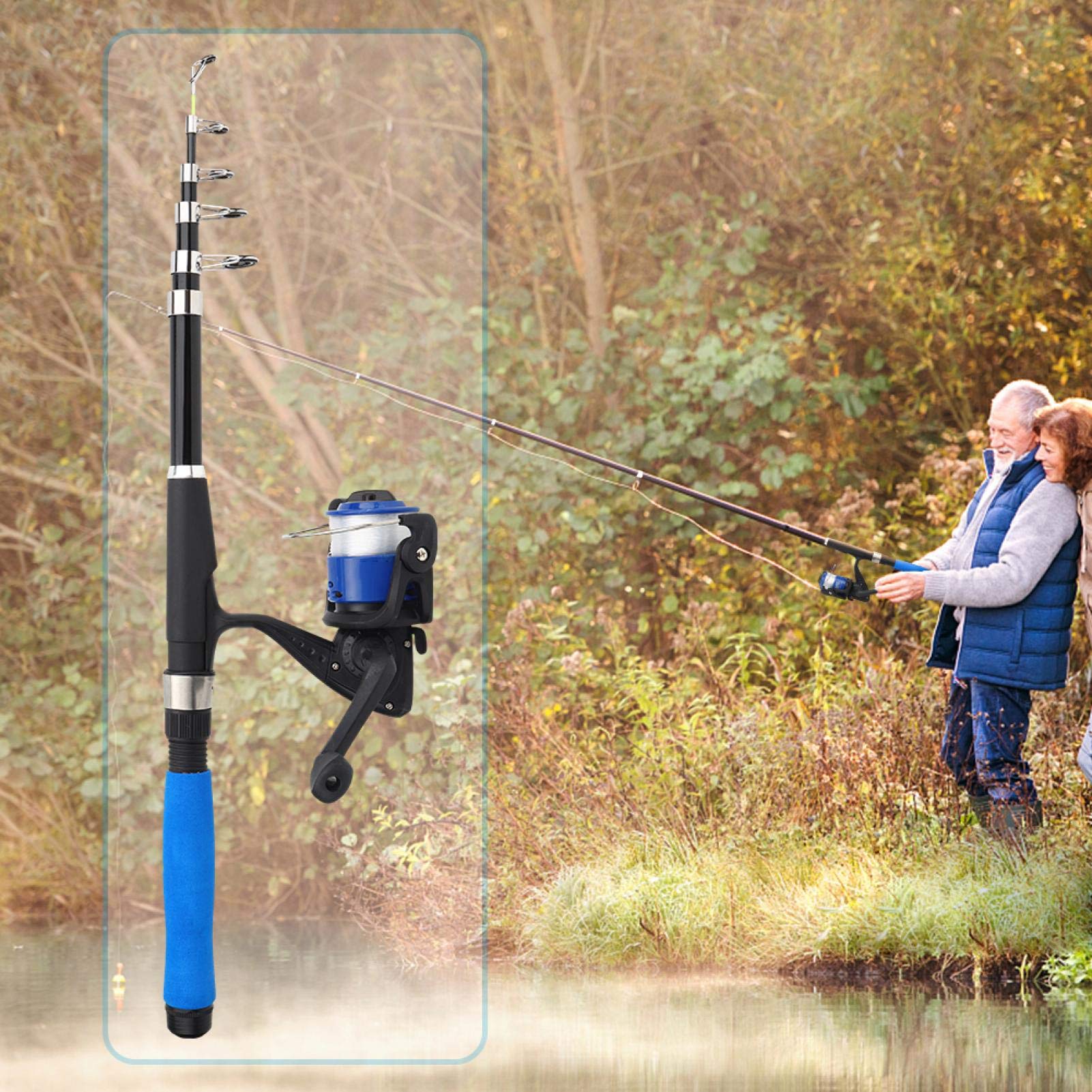EVTSCAN Kit Canne à Pêche Télescopique Et Moulinet - Combiné Portable 2 En 1, Ligne Incluse, Longueur 134 Cm, Pliable 26,5 Cm